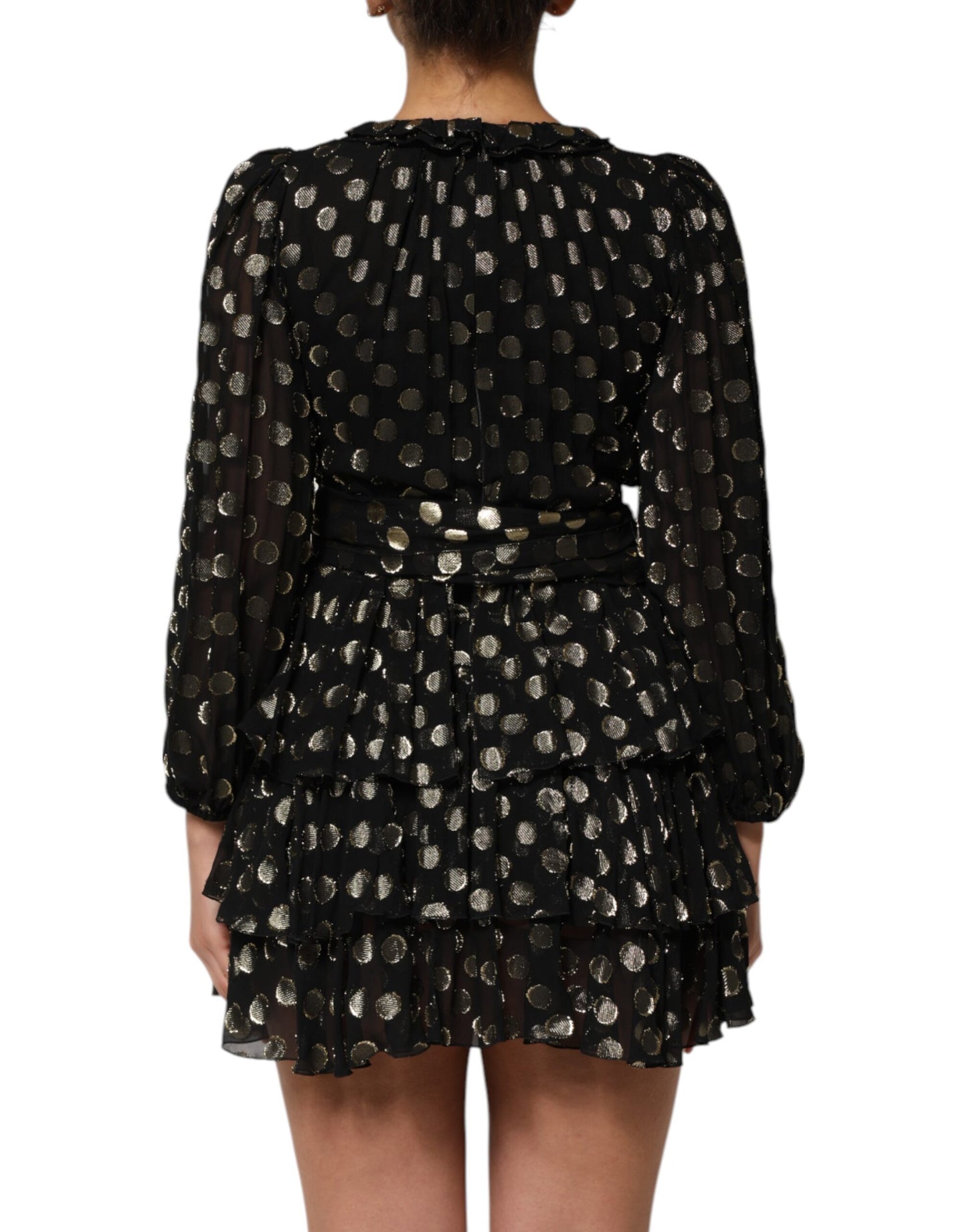 Mini-robe en brocart de soie à pois noirs et dorés Dolce & Gabbana