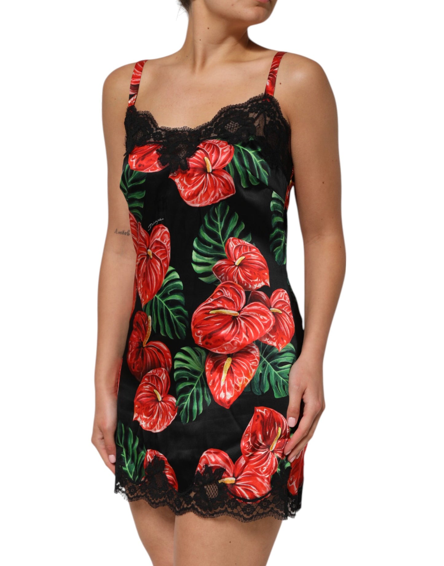 Robe chemise noire en dentelle florale Dolce & Gabbana