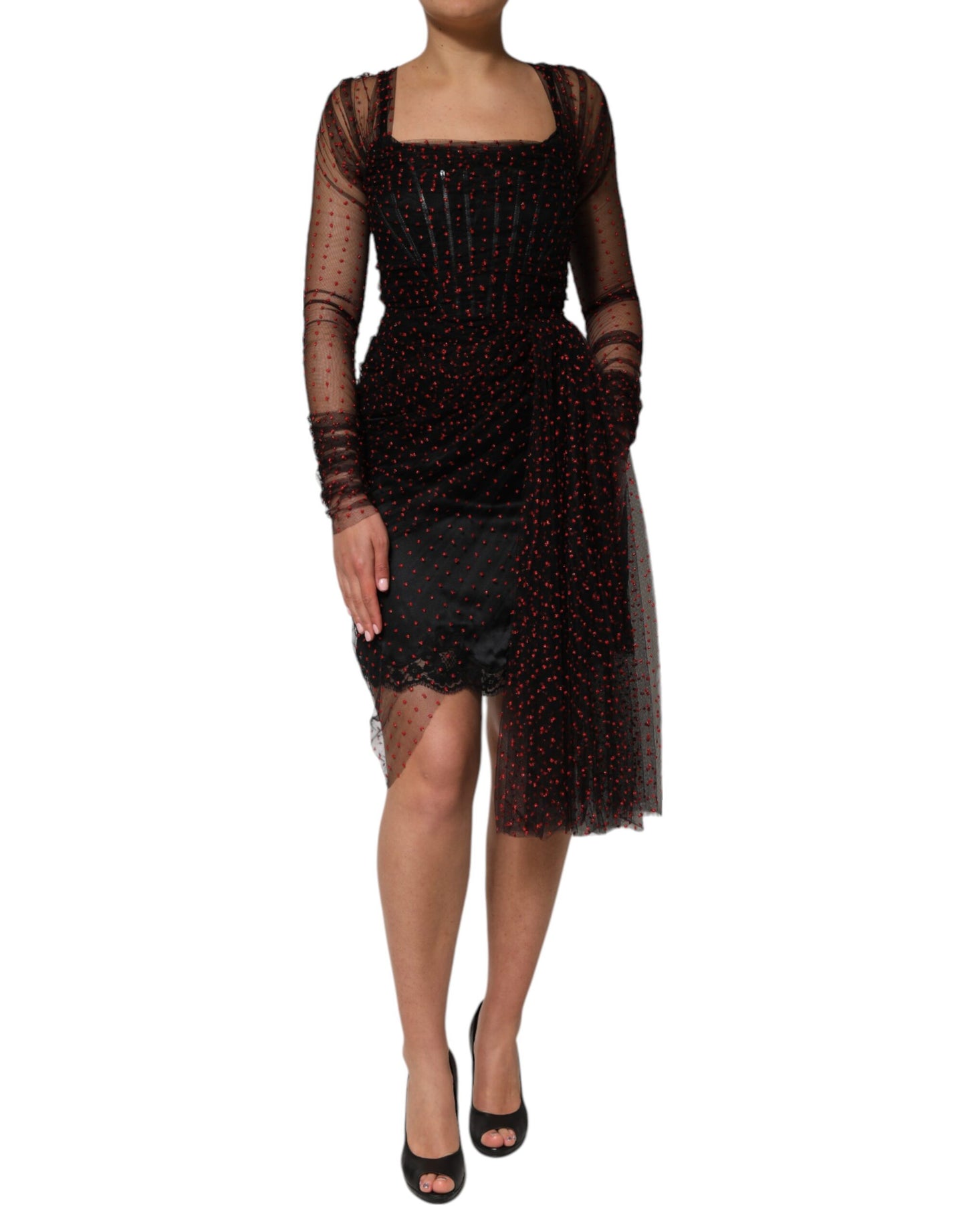 Robe fourreau courte à manches longues et bordure en dentelle noire Dolce & Gabbana