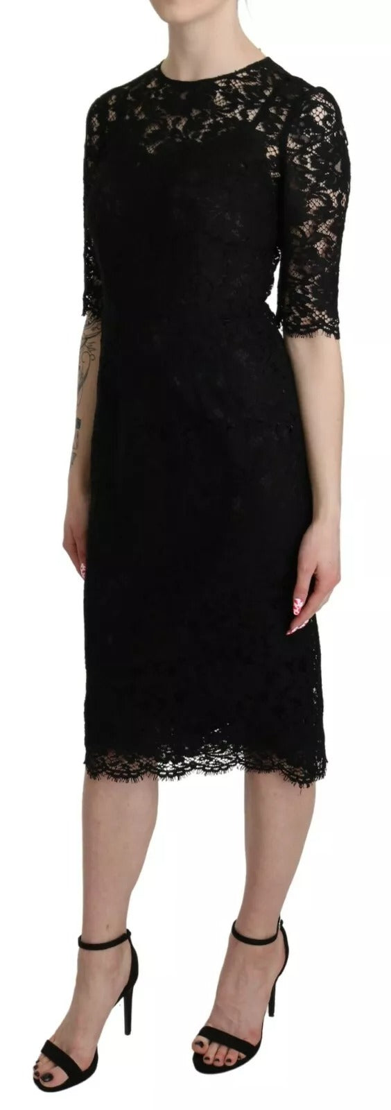 Robe fourreau en dentelle florale noire Dolce & Gabbana, longueur genou