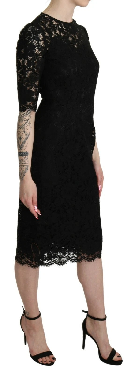 Robe fourreau en dentelle florale noire Dolce & Gabbana, longueur genou