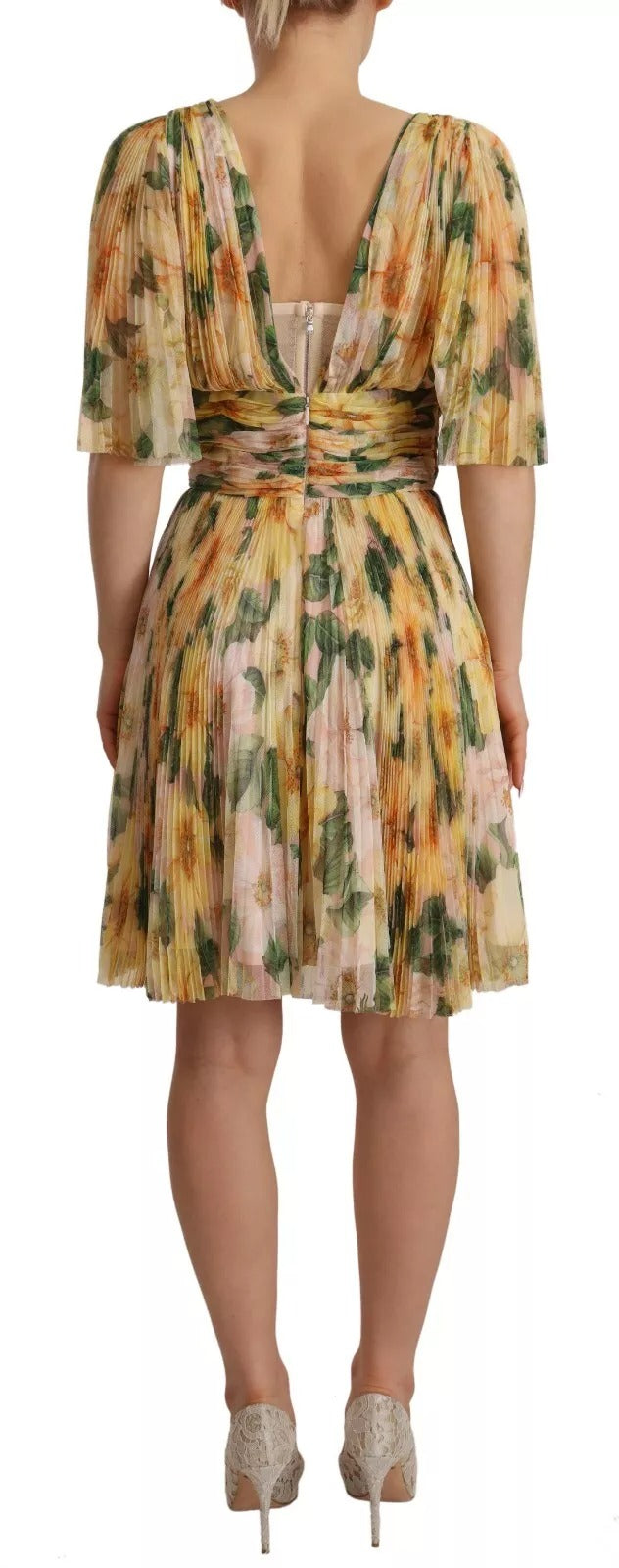 Robe longue plissée à imprimé floral jaune Dolce & Gabbana