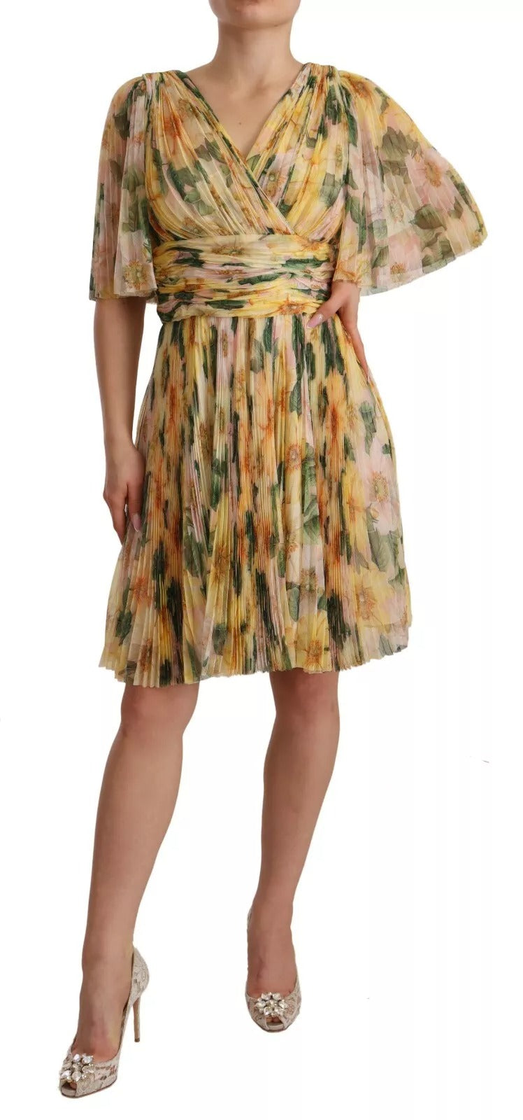 Robe longue plissée à imprimé floral jaune Dolce & Gabbana