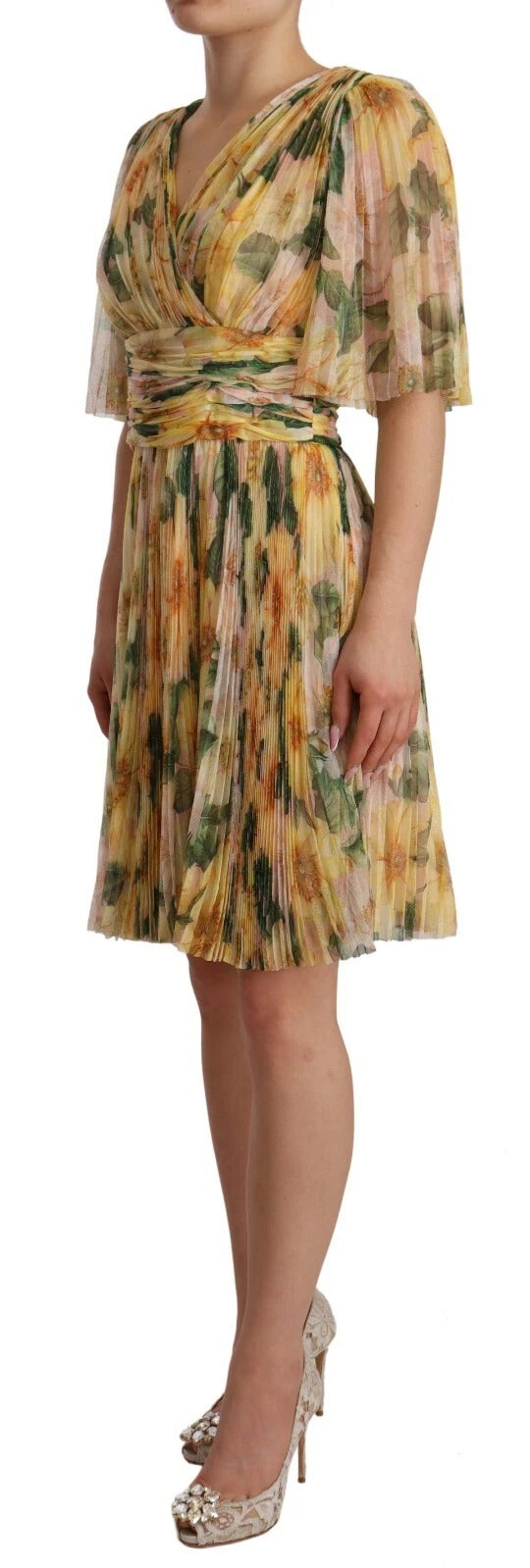 Robe longue plissée à imprimé floral jaune Dolce & Gabbana