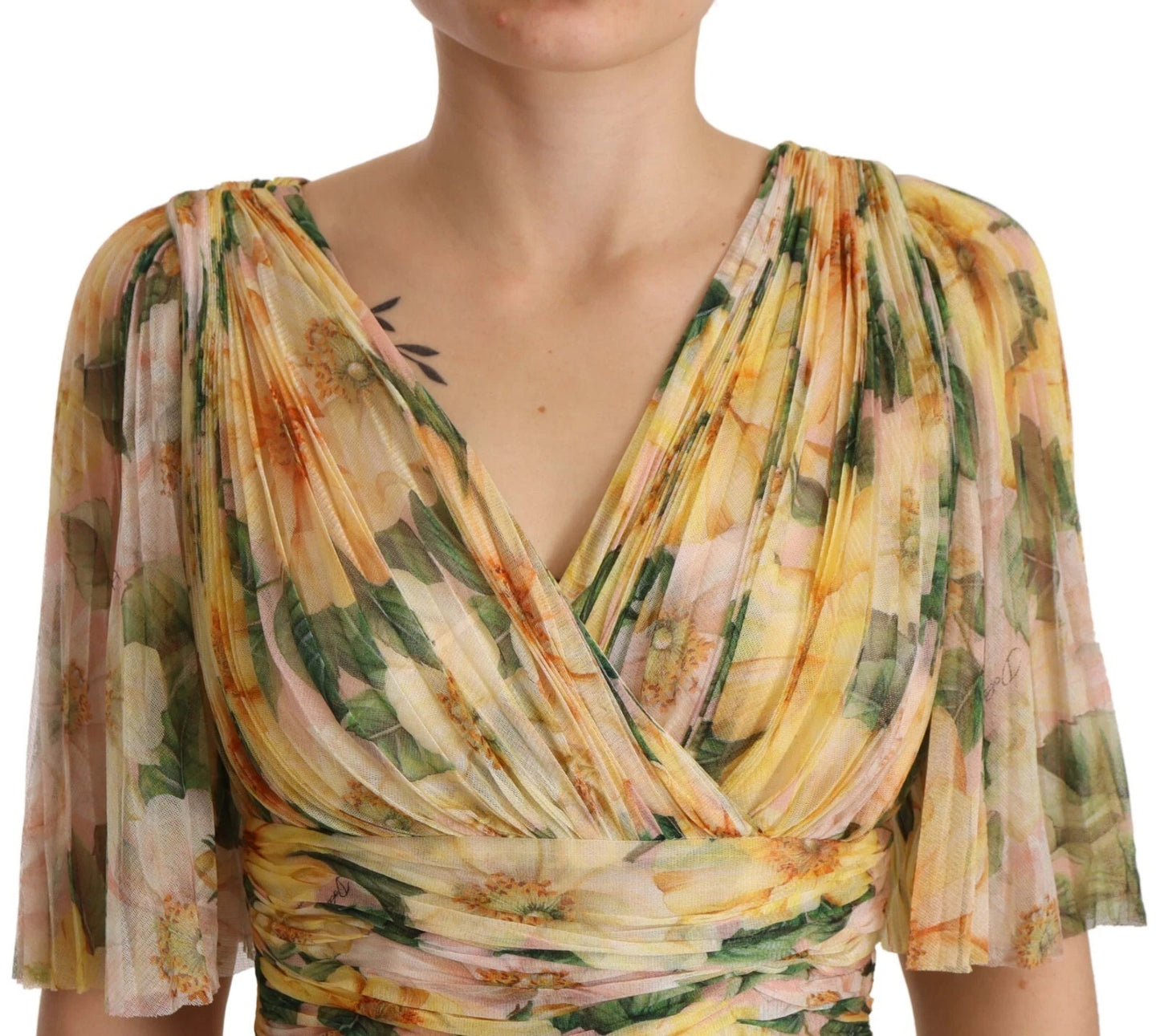 Robe longue plissée à imprimé floral jaune Dolce & Gabbana