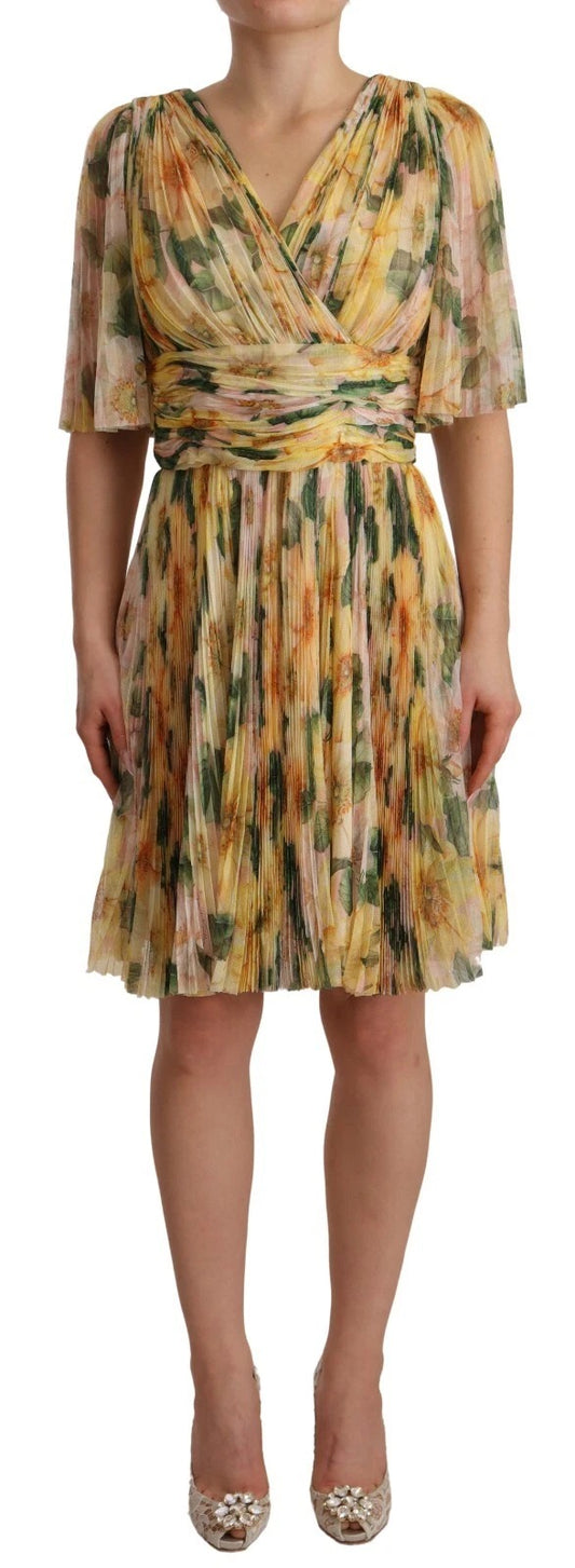 Robe longue plissée à imprimé floral jaune Dolce & Gabbana