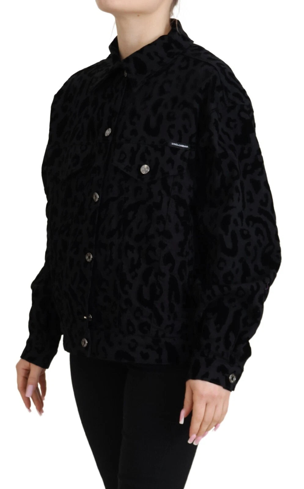 Veste en jean à manches longues en coton noir léopard Dolce & Gabbana