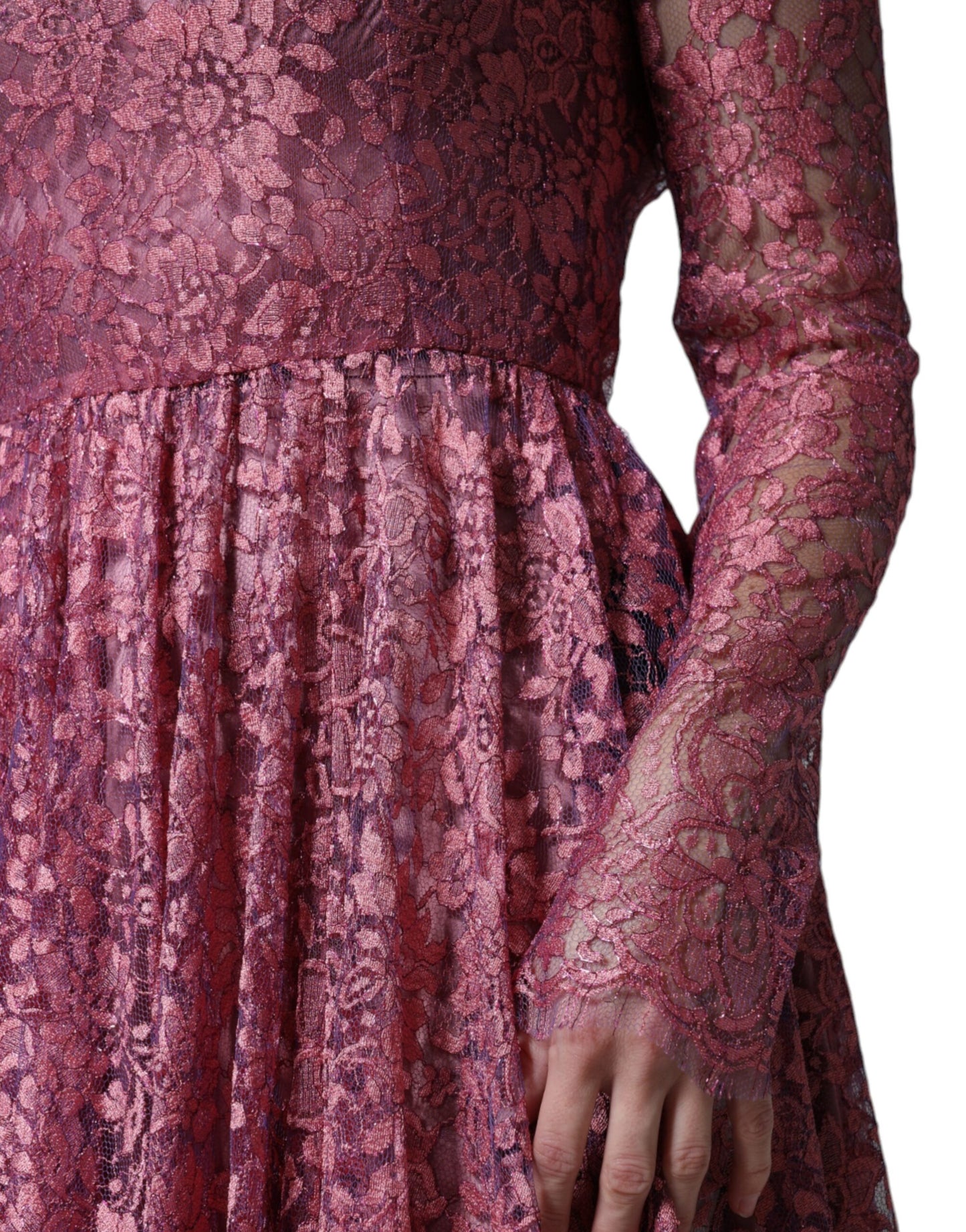 Dolce & Gabbana – Langärmliges Midikleid aus rosa Blumenspitze