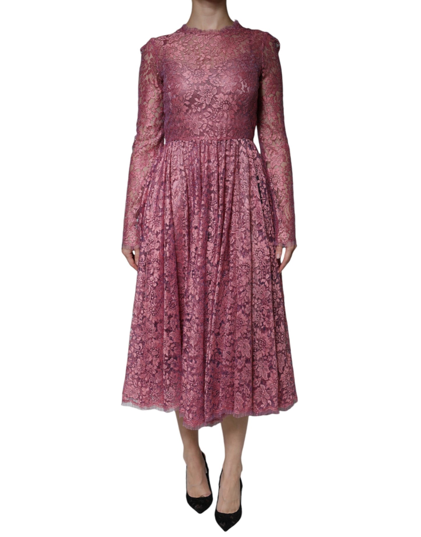 Dolce & Gabbana – Langärmliges Midikleid aus rosa Blumenspitze