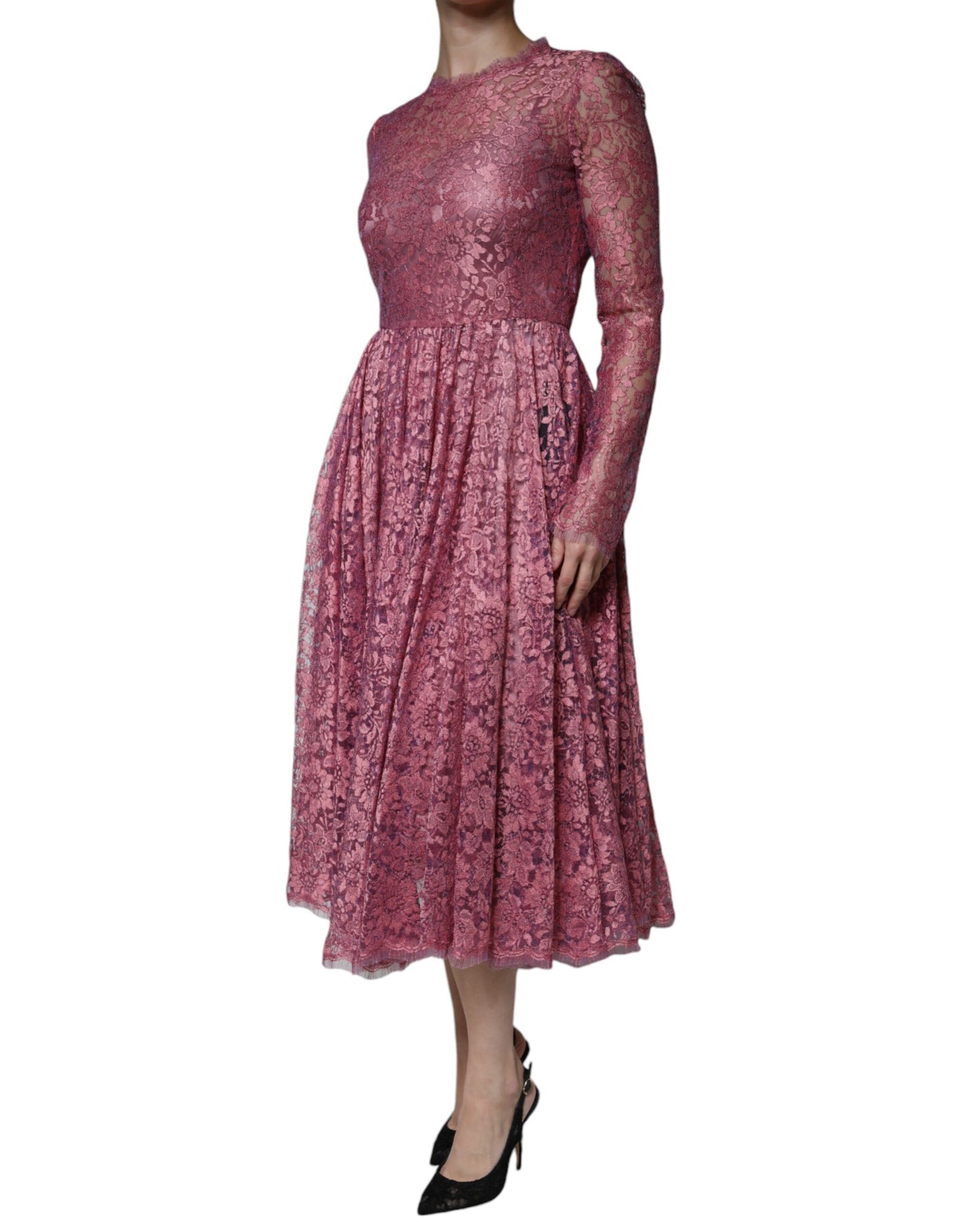 Dolce & Gabbana – Langärmliges Midikleid aus rosa Blumenspitze