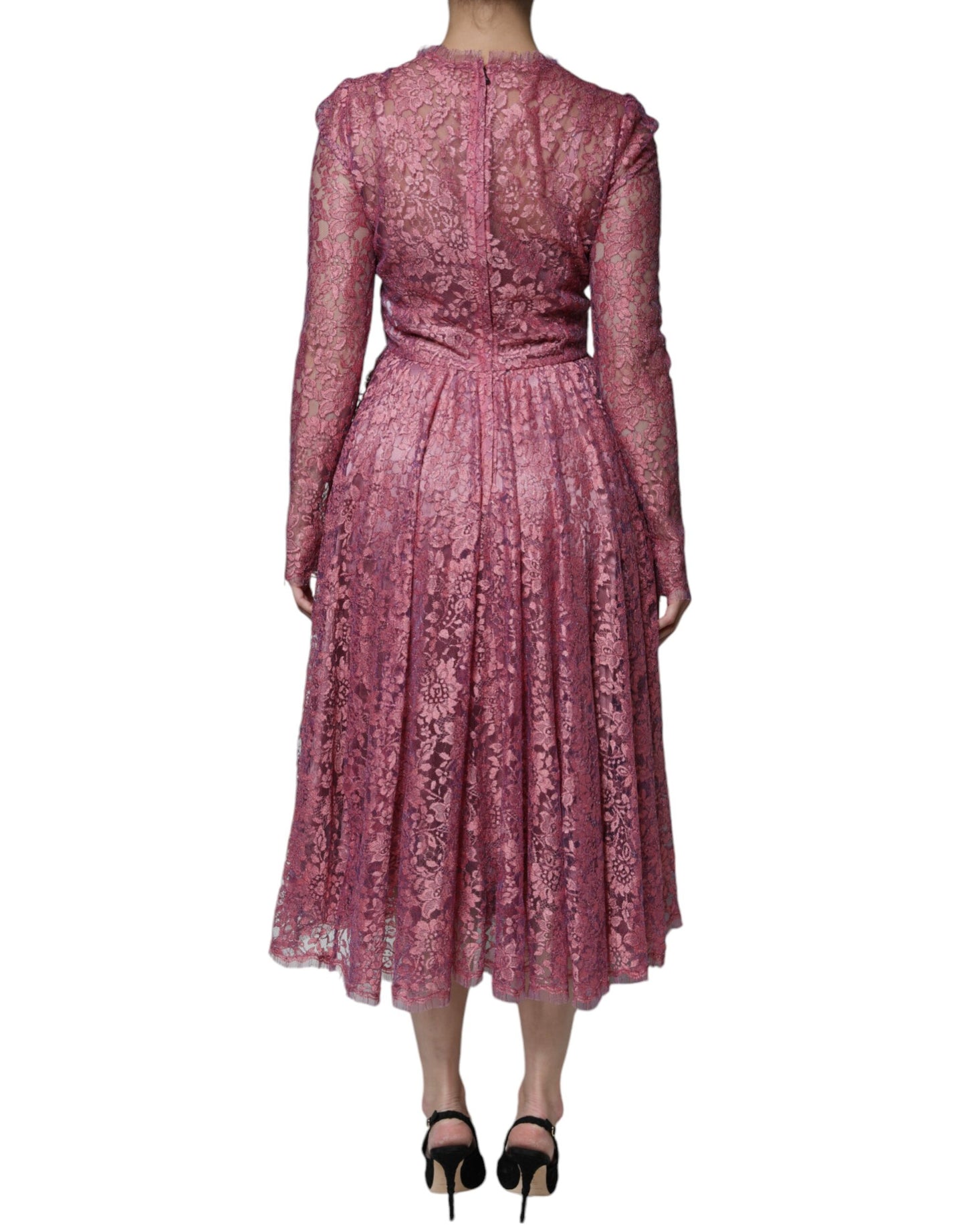 Dolce & Gabbana – Langärmliges Midikleid aus rosa Blumenspitze
