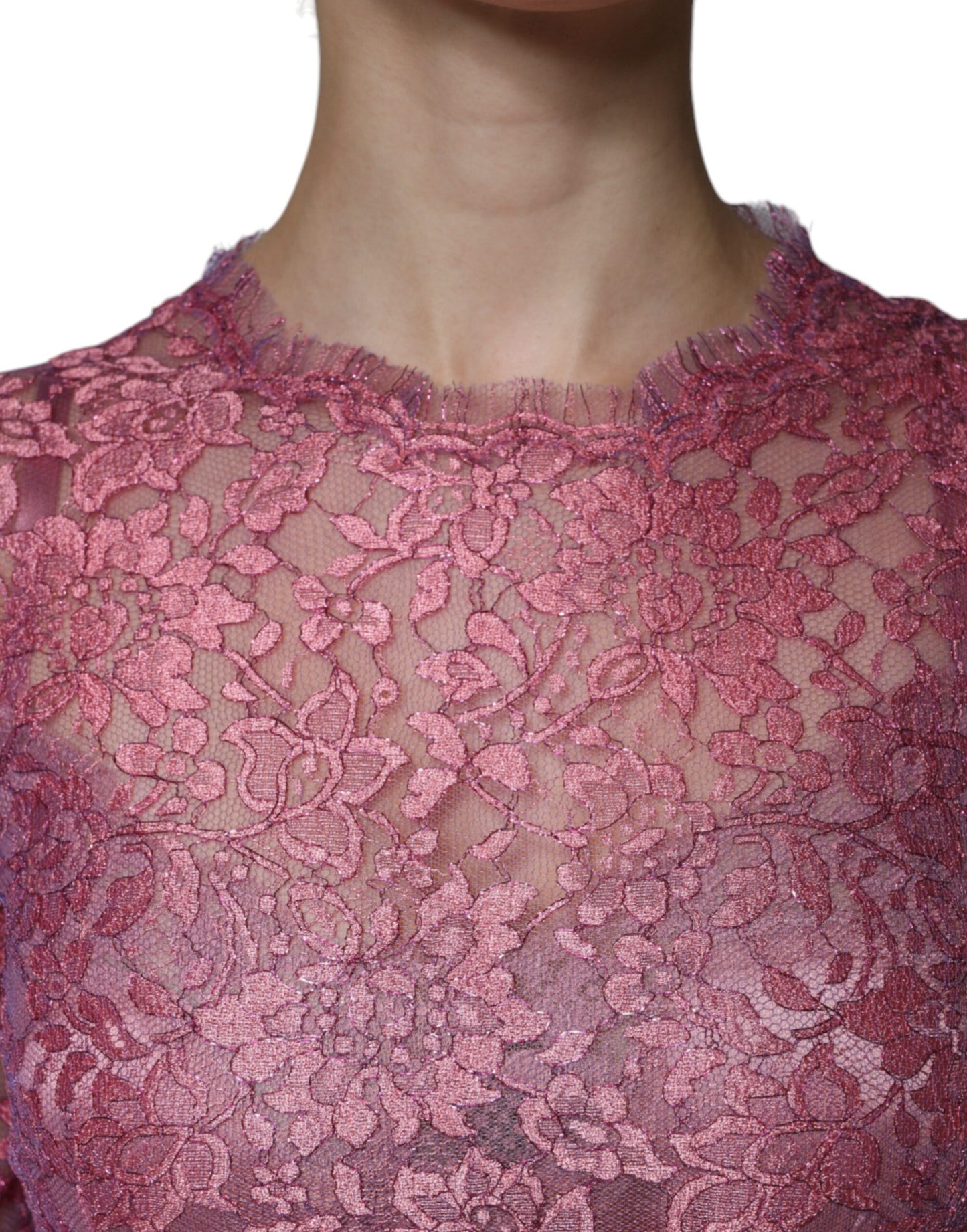 Dolce & Gabbana – Langärmliges Midikleid aus rosa Blumenspitze