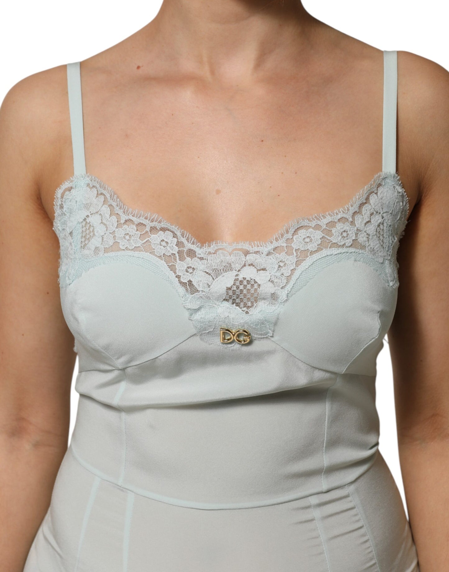 Robe moulante mi-longue en dentelle de soie bleu clair Dolce & Gabbana
