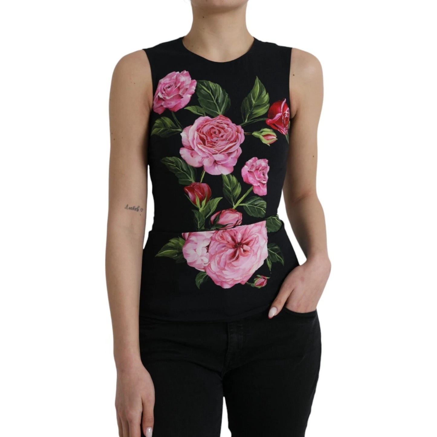 Dolce & Gabbana – Schwarzes Tanktop aus Viskose mit Blumenmuster und Rundhalsausschnitt