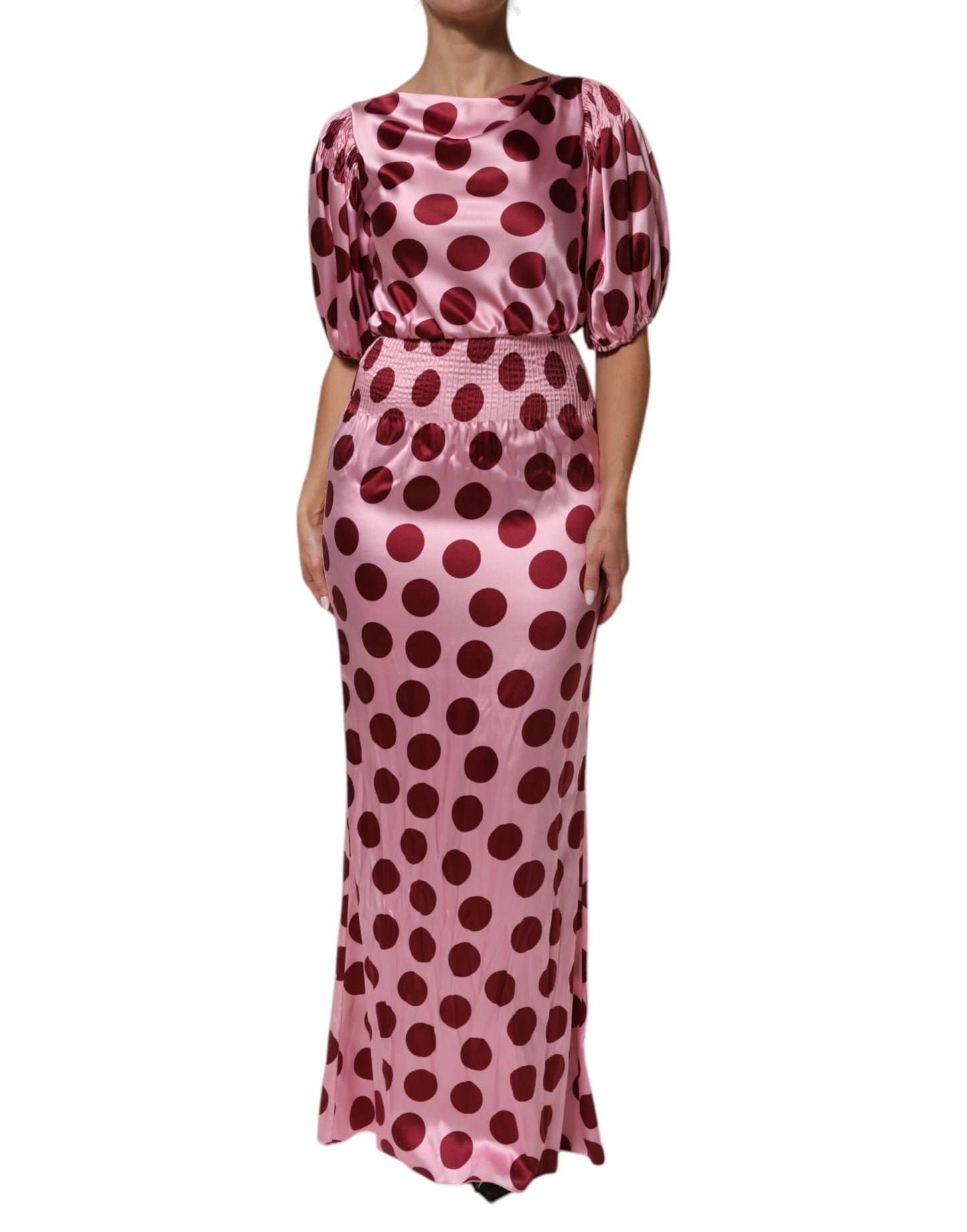 Robe longue en satin de soie à pois roses et rouges Dolce & Gabbana