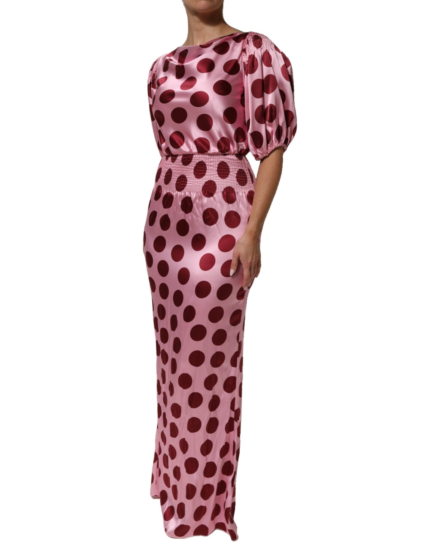 Robe longue en satin de soie à pois roses et rouges Dolce & Gabbana