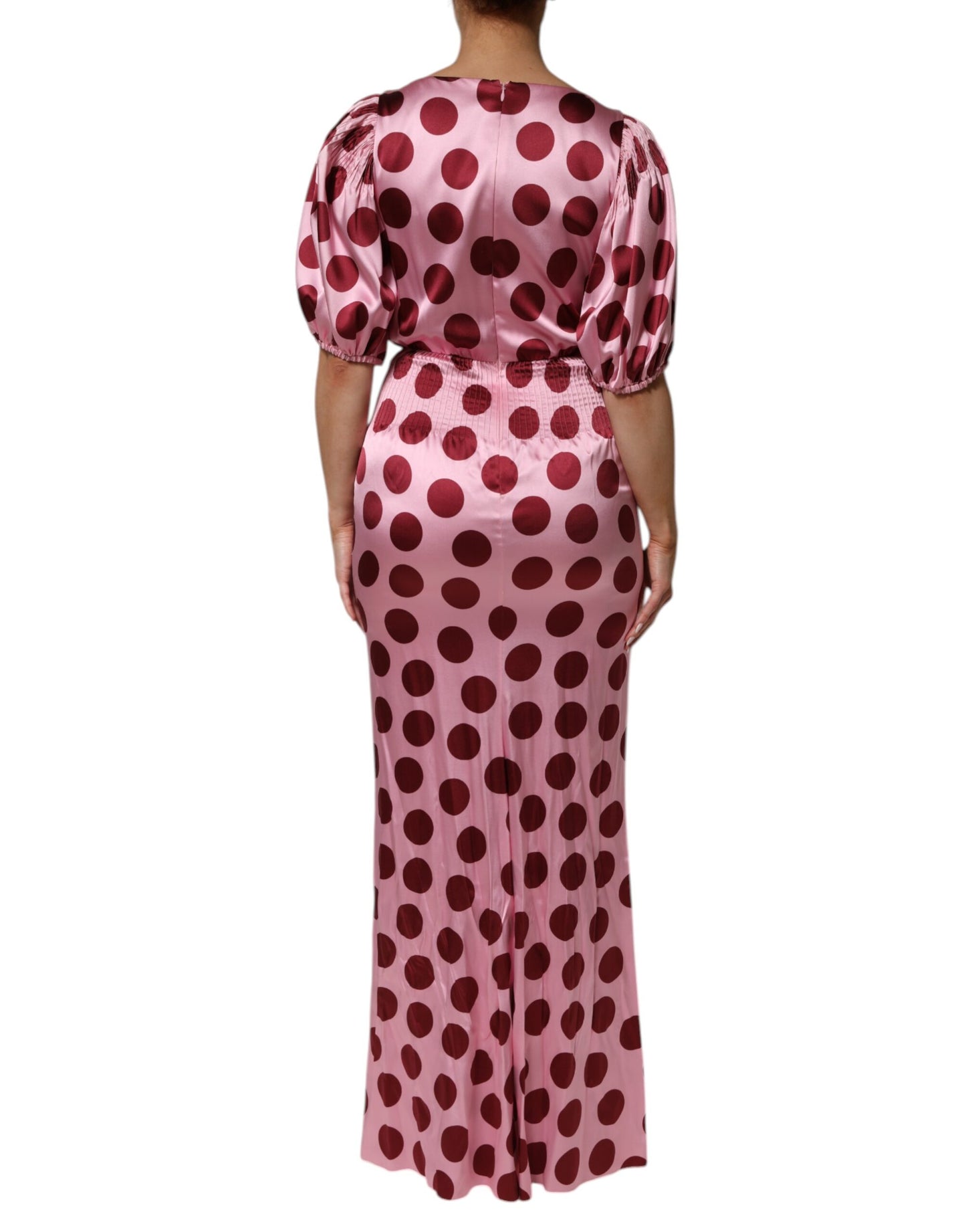 Robe longue en satin de soie à pois roses et rouges Dolce & Gabbana