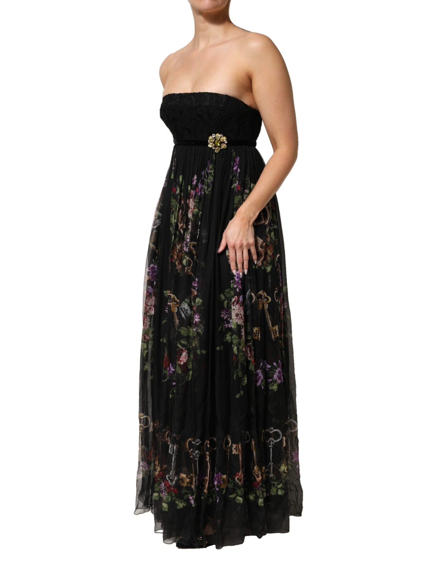 Robe bustier noire à imprimé floral et cristaux Dolce & Gabbana