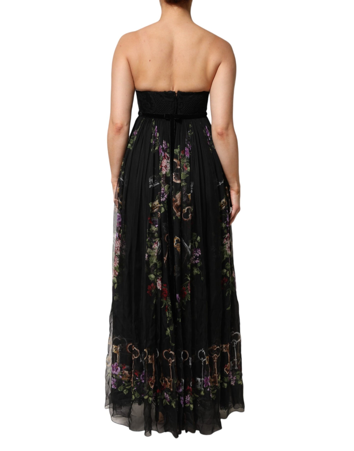 Robe bustier noire à imprimé floral et cristaux Dolce & Gabbana