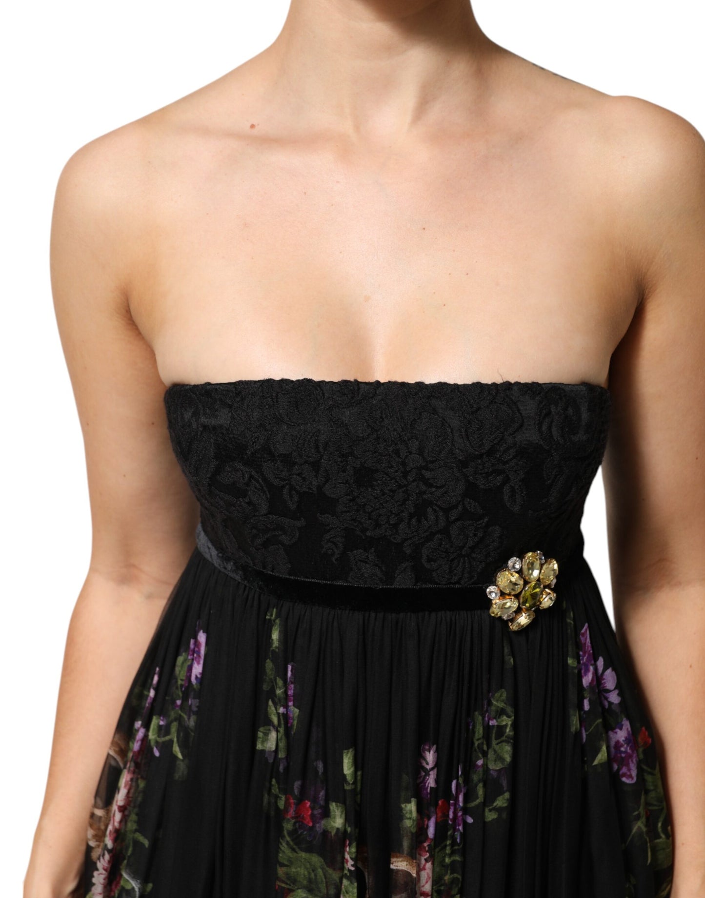 Robe bustier noire à imprimé floral et cristaux Dolce & Gabbana