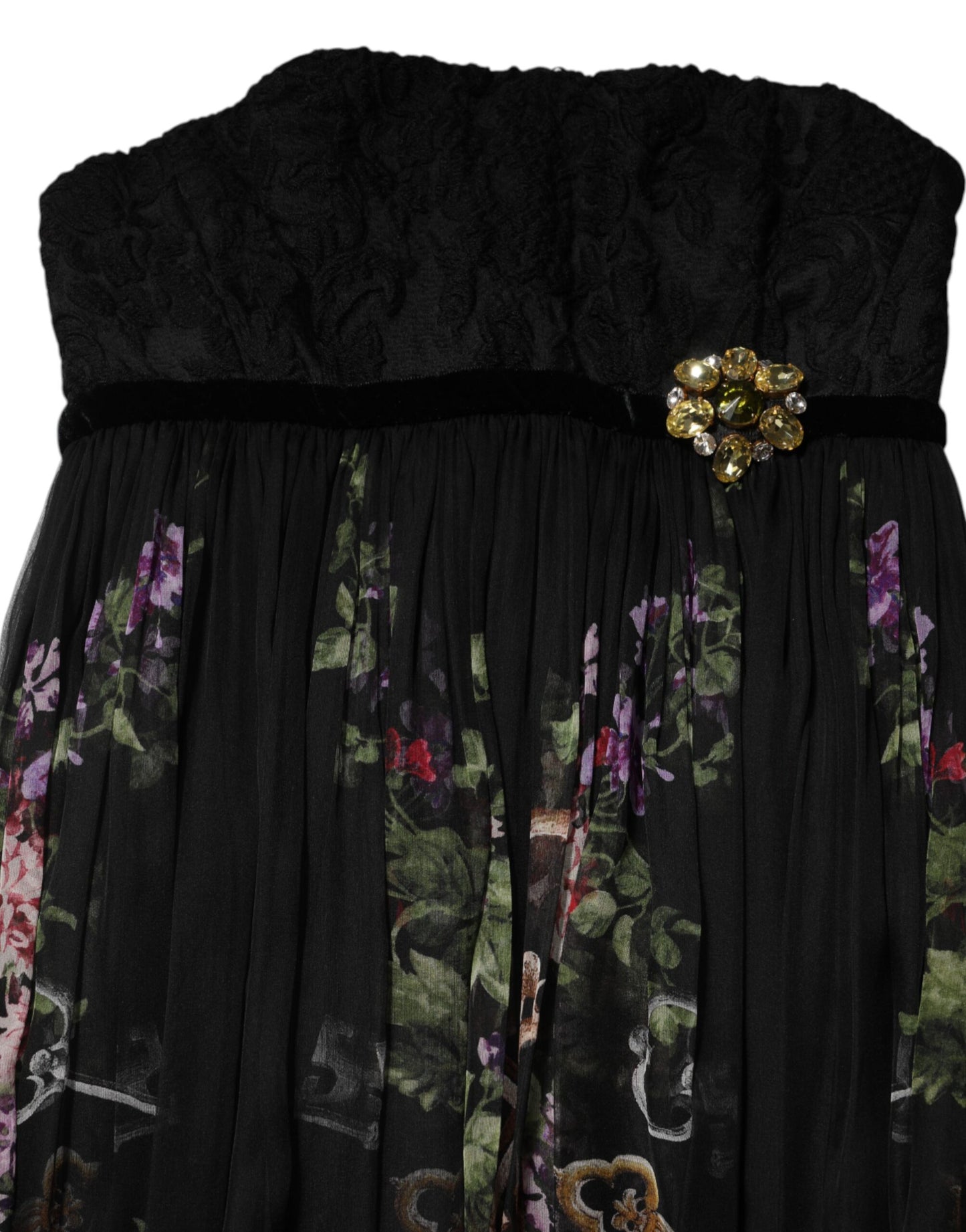 Robe bustier noire à imprimé floral et cristaux Dolce & Gabbana