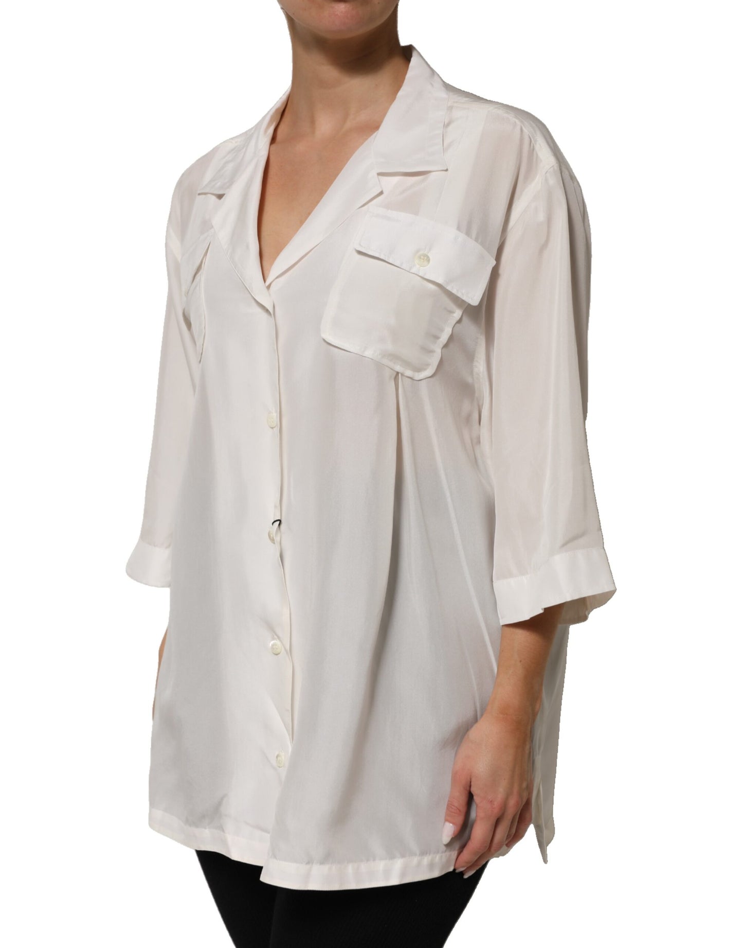 Dolce & Gabbana – Weiße Bluse aus Seide mit Kragen und 3/4-Ärmeln