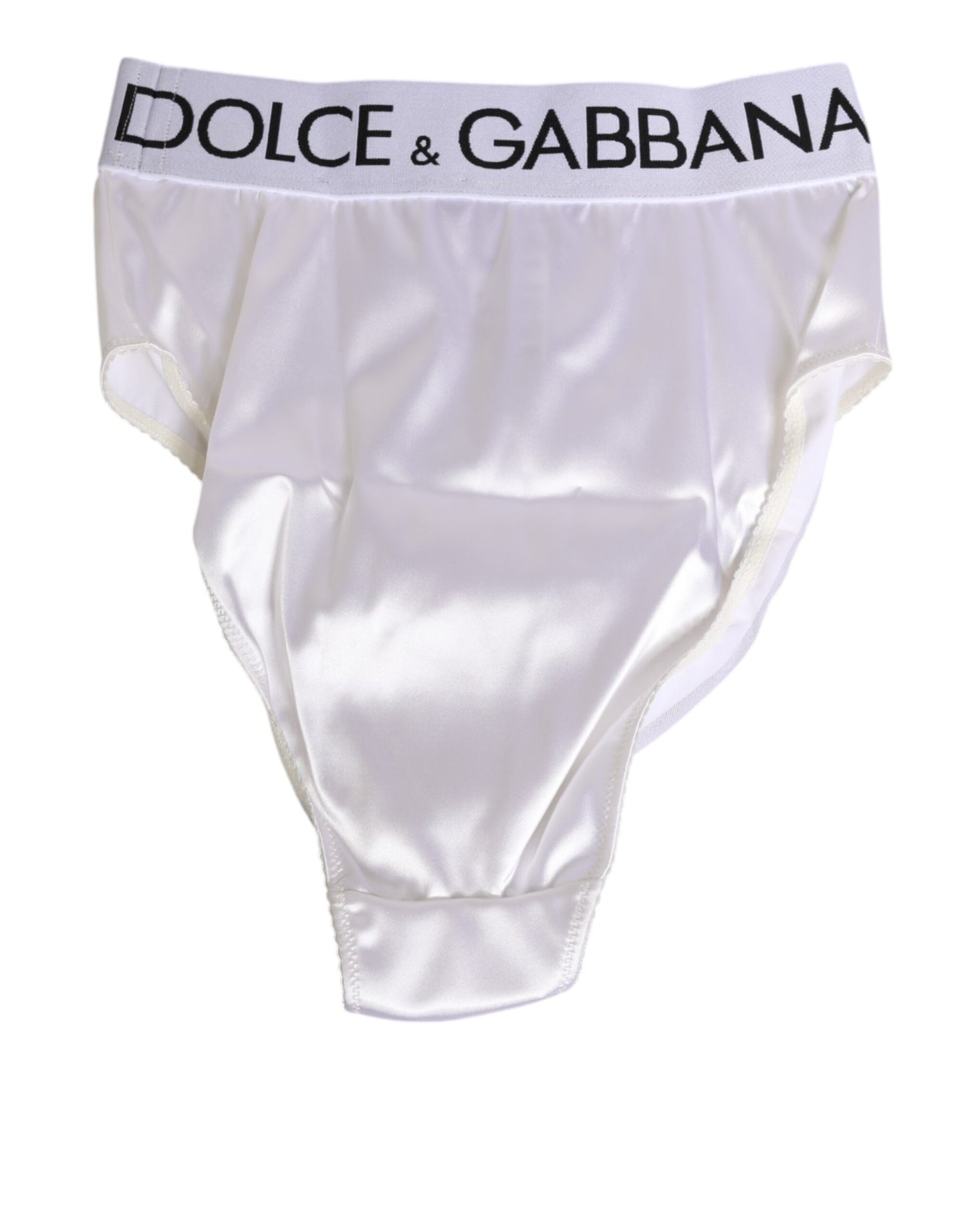 Dolce & Gabbana – Weißer Satin-Slip mit hoher Taille und Logo-Logo für Damen