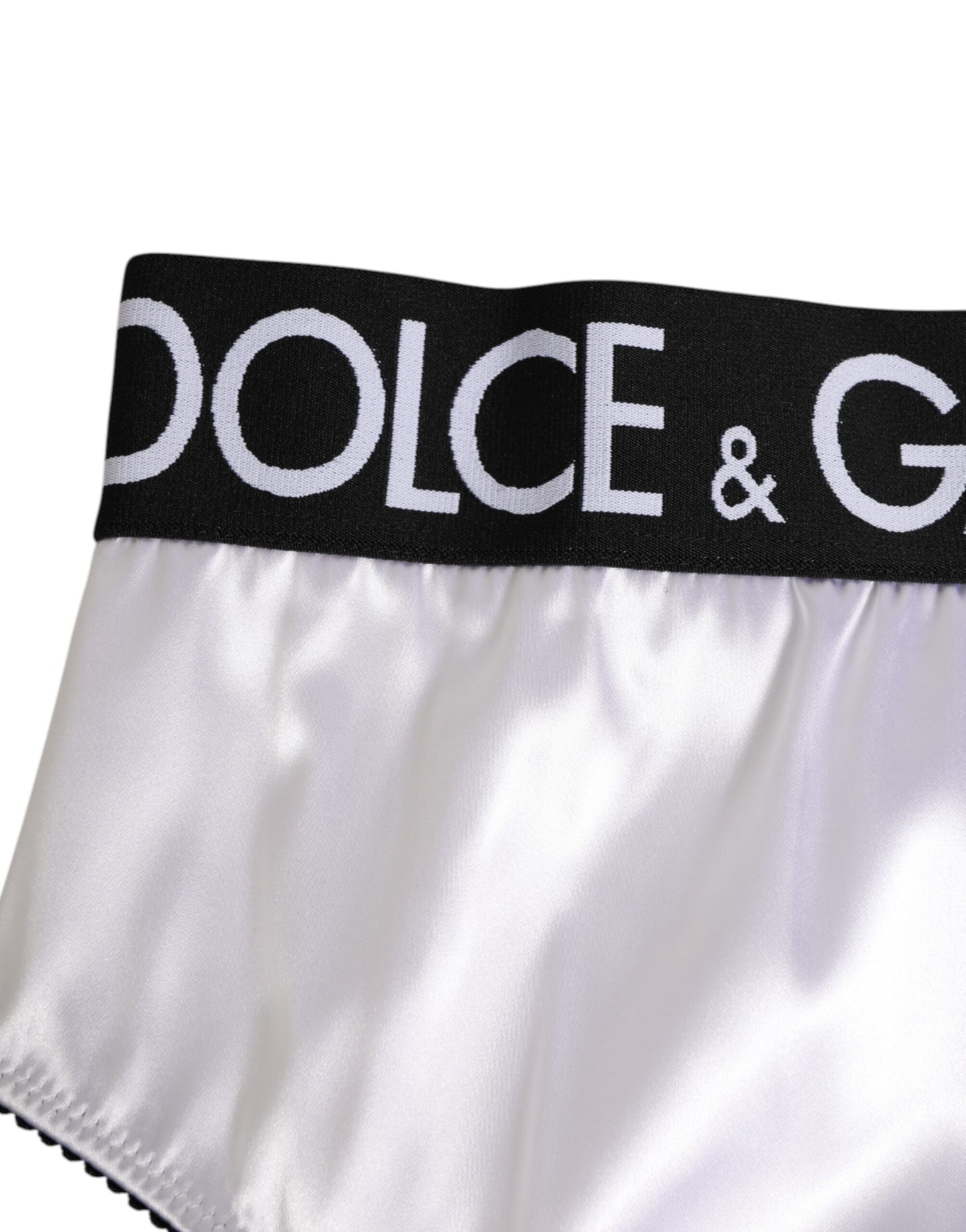 Dolce & Gabbana – Weiße Satin-Unterwäsche mit hoher Taille und schwarzem Logo für Damen