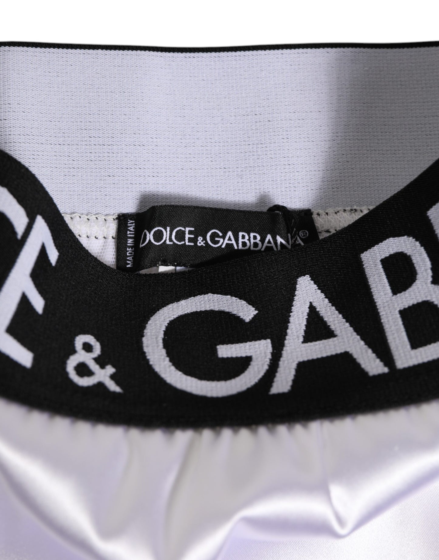 Dolce & Gabbana – Weiße Satin-Unterwäsche mit hoher Taille und schwarzem Logo für Damen