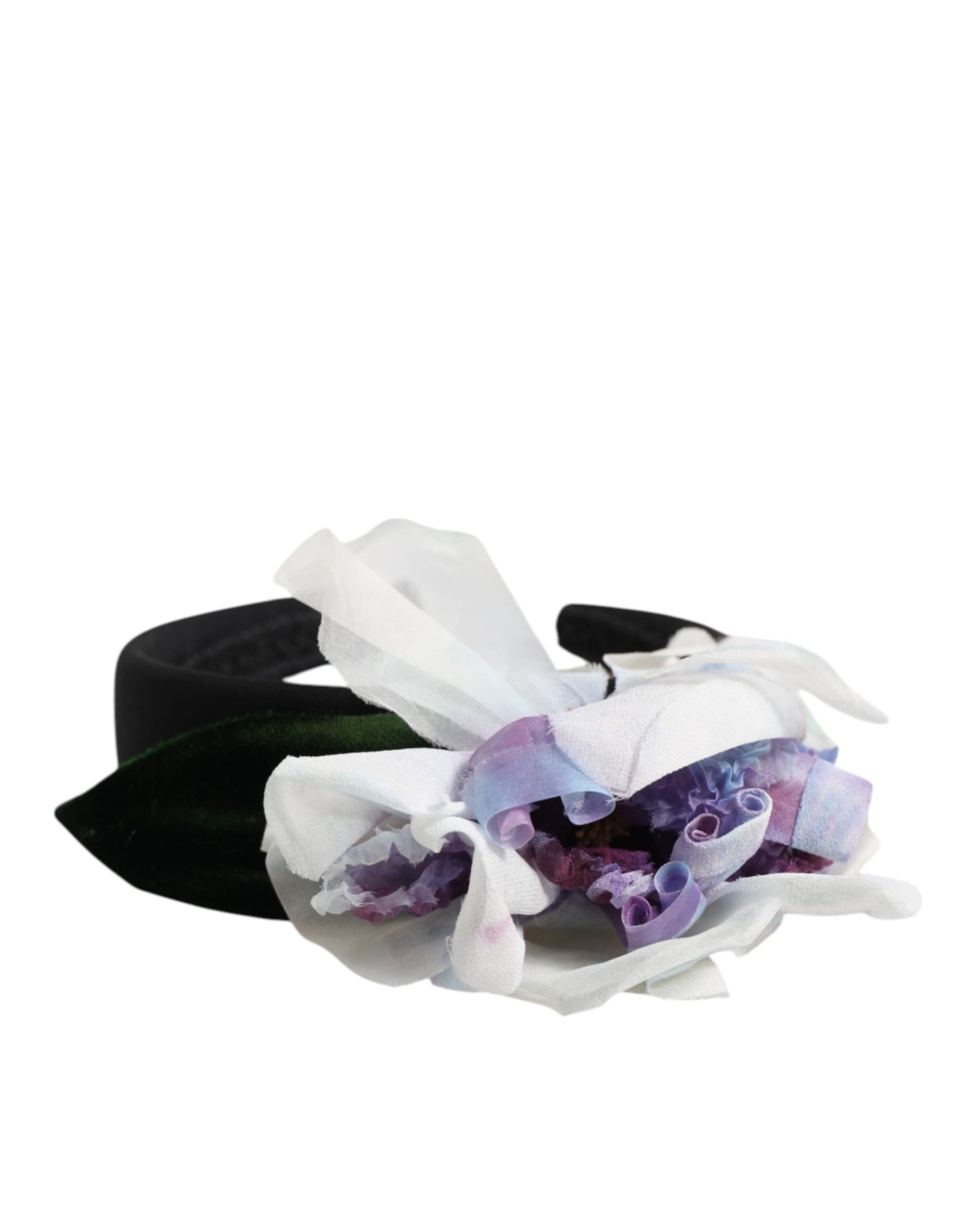 Bandeau accessoire Dolce & Gabbana en soie noir, vert, violet et blanc avec appliques florales