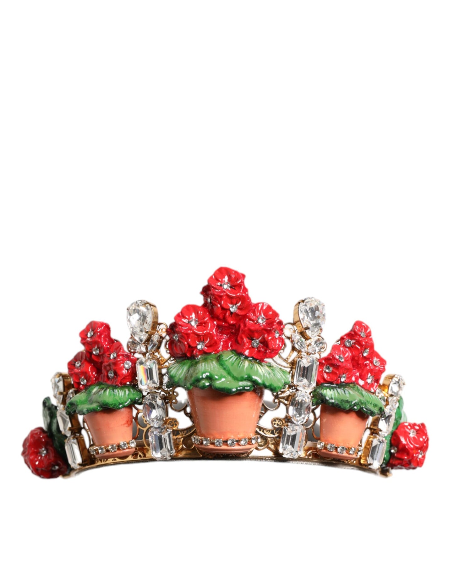 Dolce & Gabbana, roter Blumentopf mit Kristallen und goldener Krone, Tiara-Haarreif