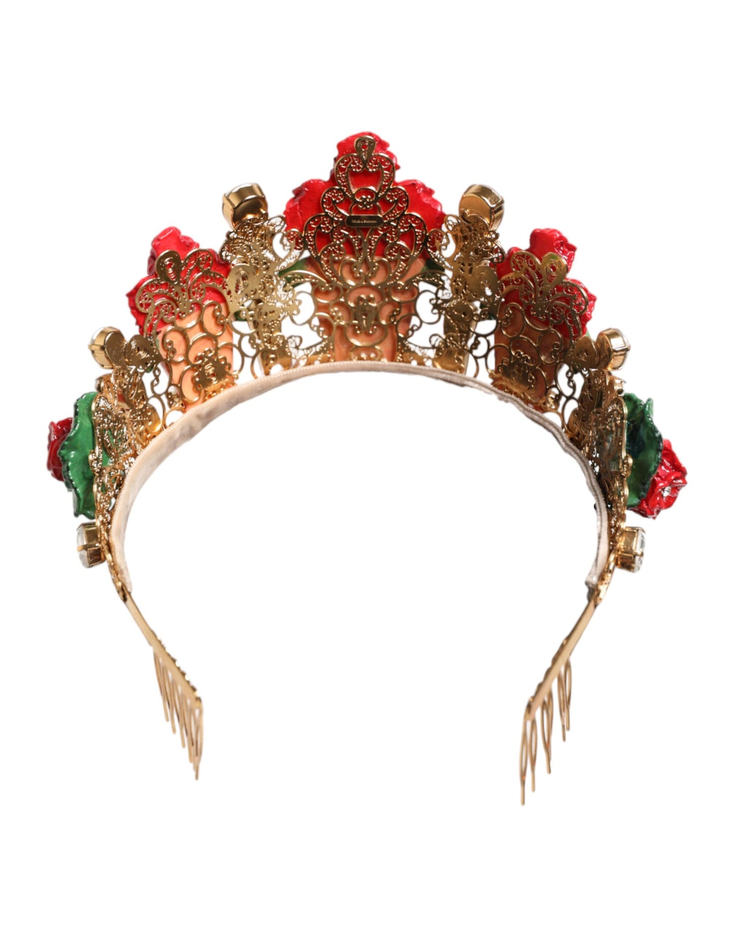 Dolce & Gabbana, roter Blumentopf mit Kristallen und goldener Krone, Tiara-Haarreif