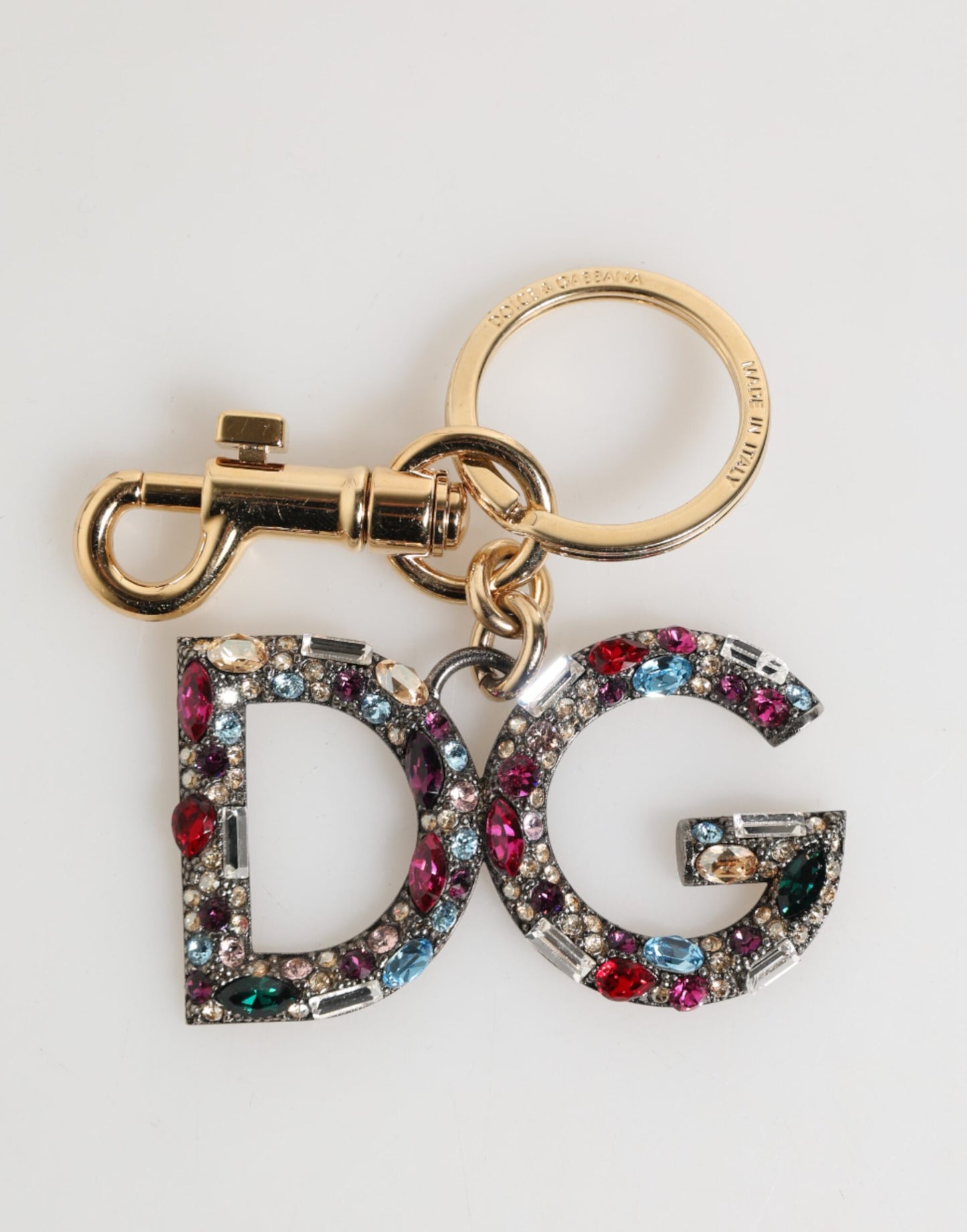 Porte-clés Dolce & Gabbana avec logo DG en cristal multicolore doré