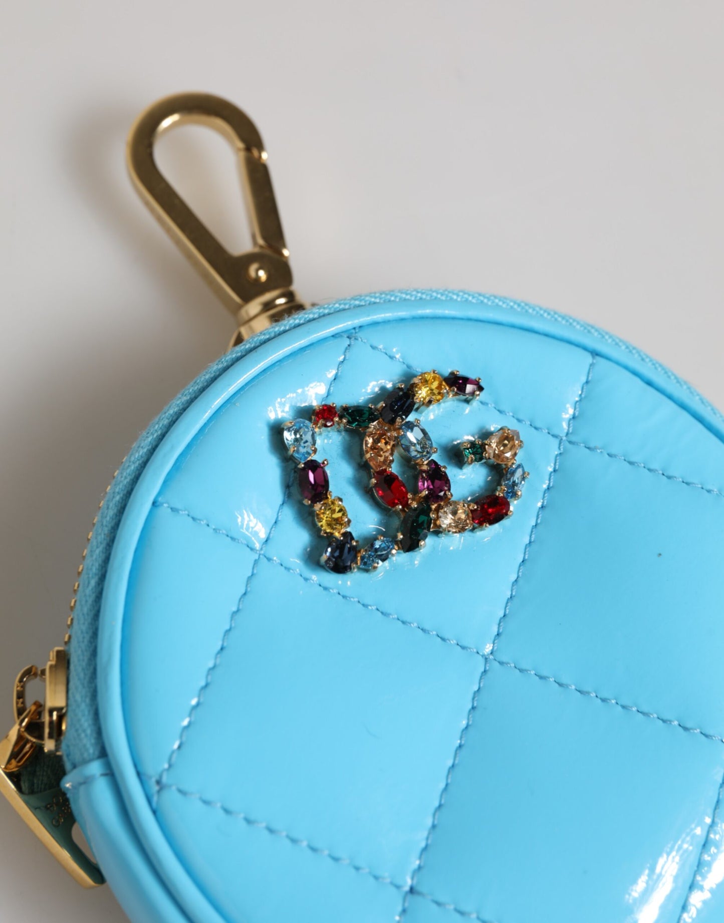 Porte-monnaie rond en cuir bleu azur Dolce & Gabbana, porte-clés, portefeuille avec logo en cristal