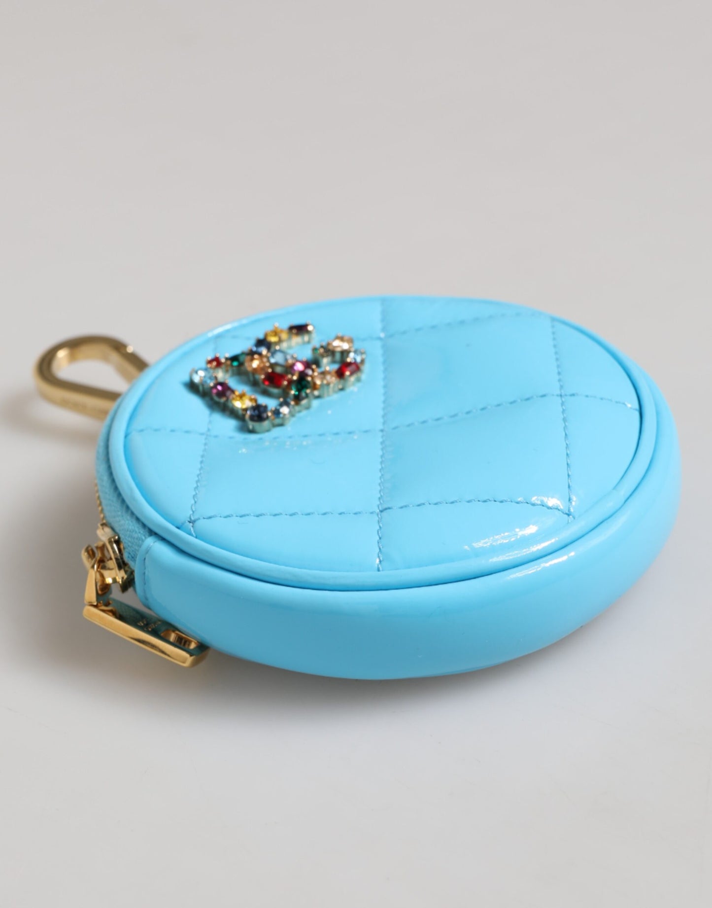 Porte-monnaie rond en cuir bleu azur Dolce & Gabbana, porte-clés, portefeuille avec logo en cristal