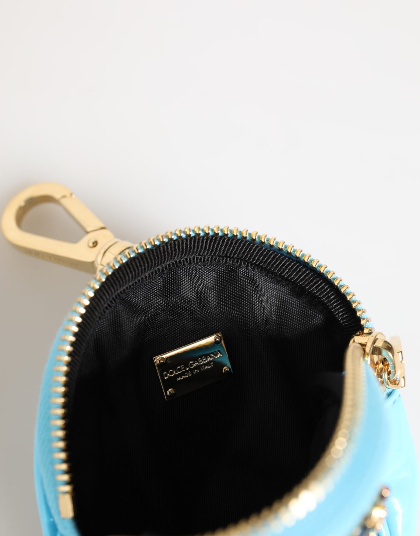 Porte-monnaie rond en cuir bleu azur Dolce & Gabbana, porte-clés, portefeuille avec logo en cristal
