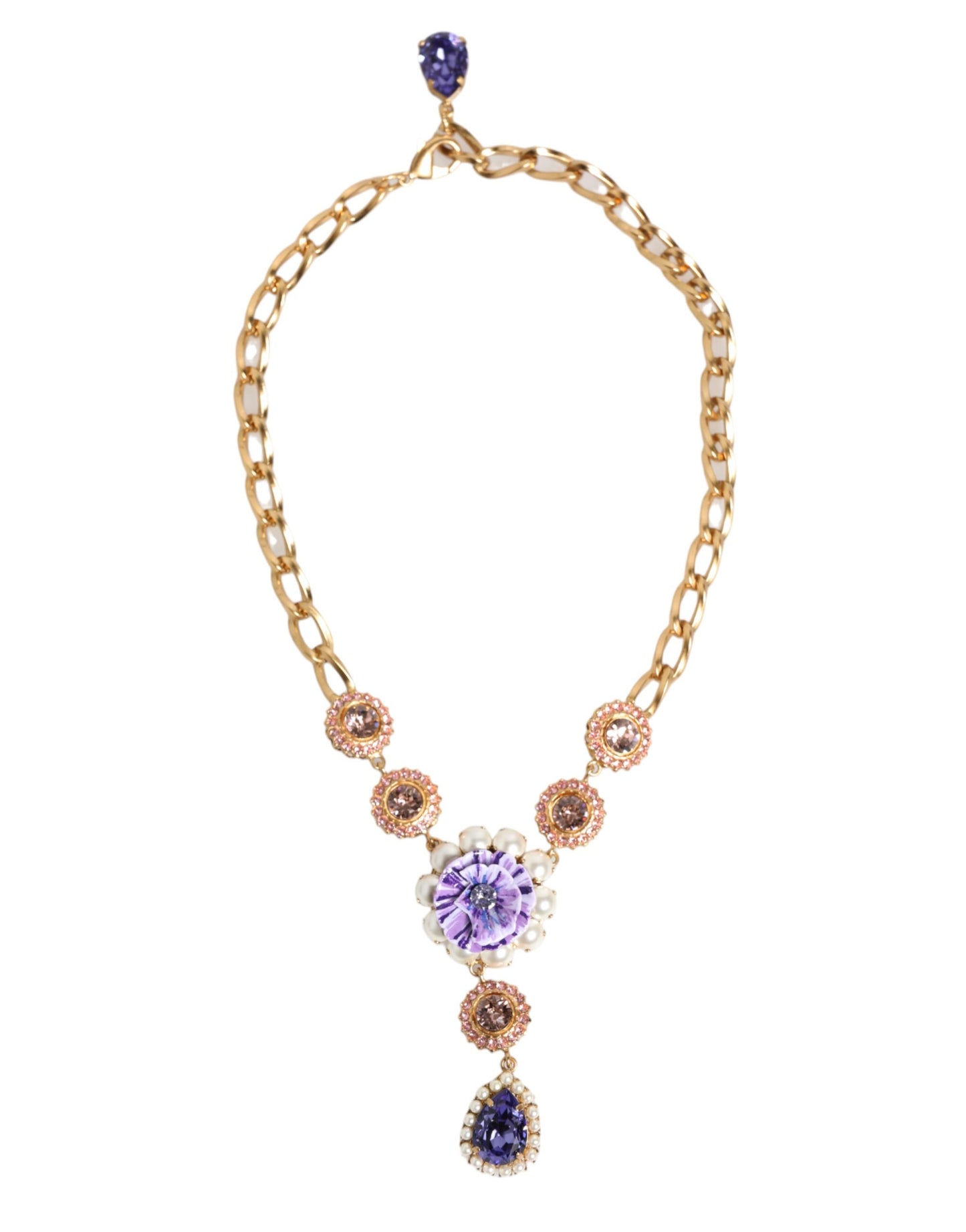 Collier Dolce & Gabbana avec pendentif floral violet en laiton doré et perles de cristal