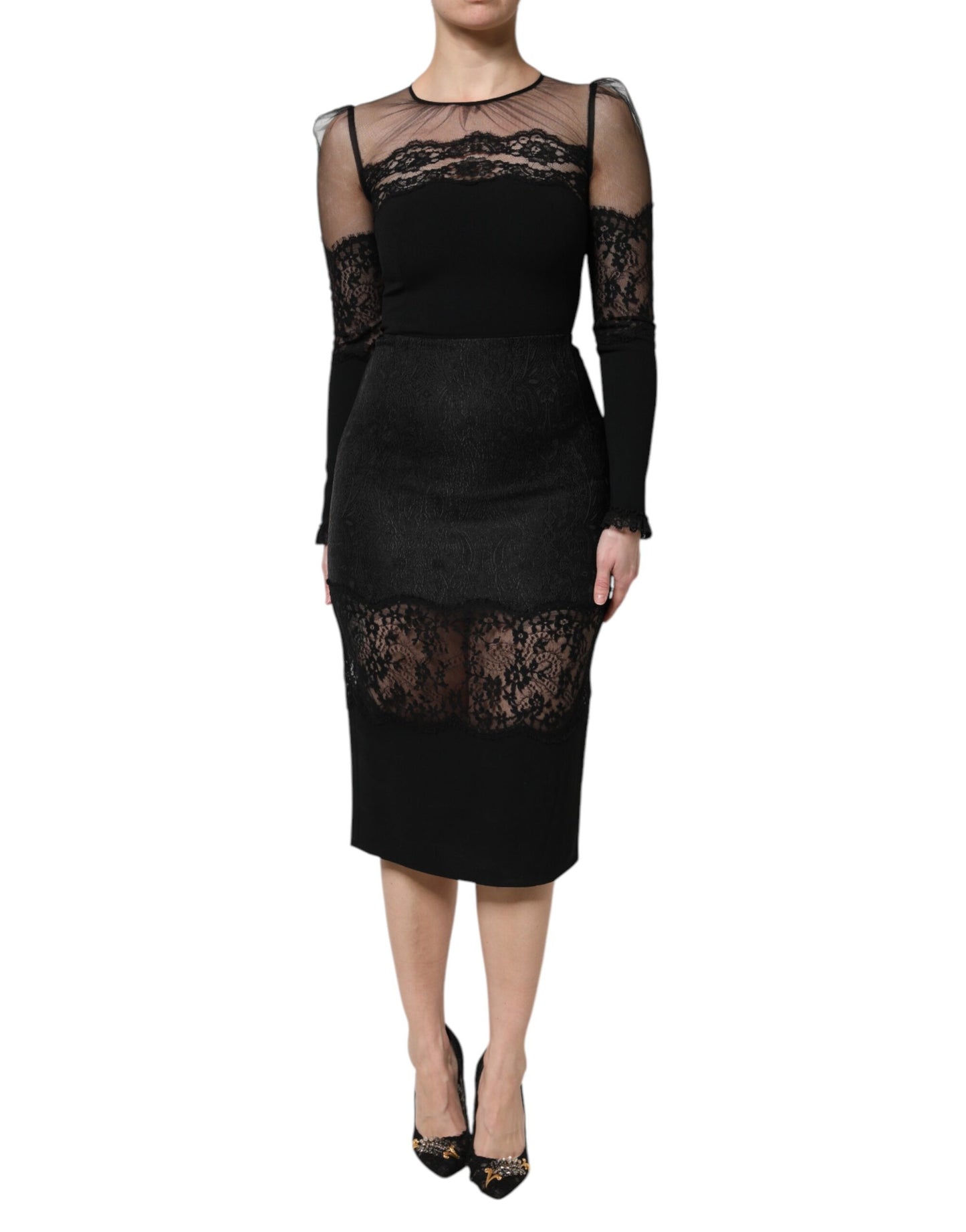 Robe fourreau mi-longue en tulle et nylon à bordure en dentelle noire Dolce & Gabbana