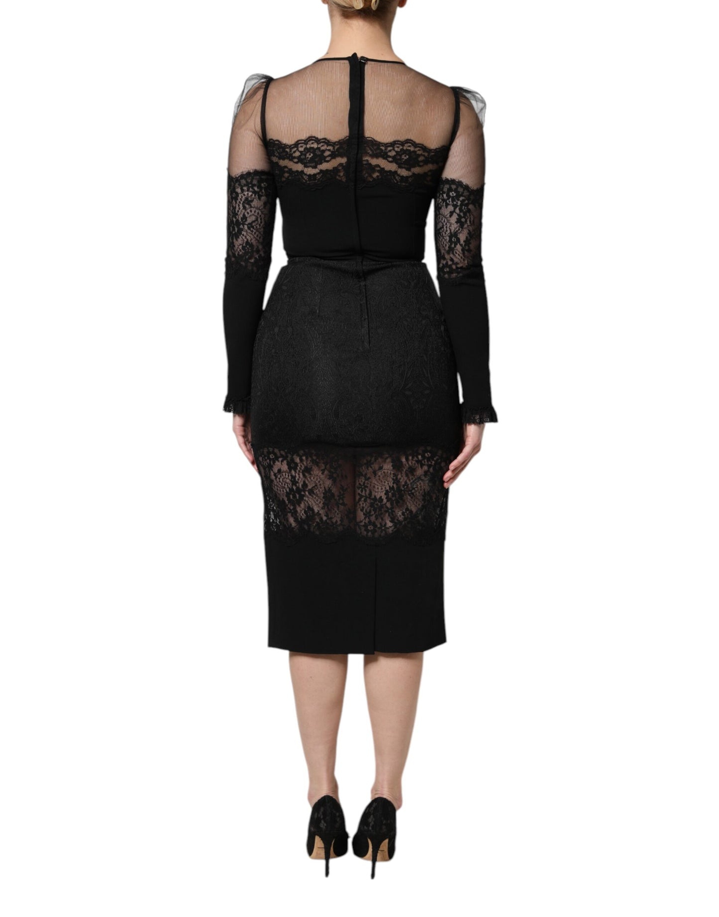 Robe fourreau mi-longue en tulle et nylon à bordure en dentelle noire Dolce & Gabbana