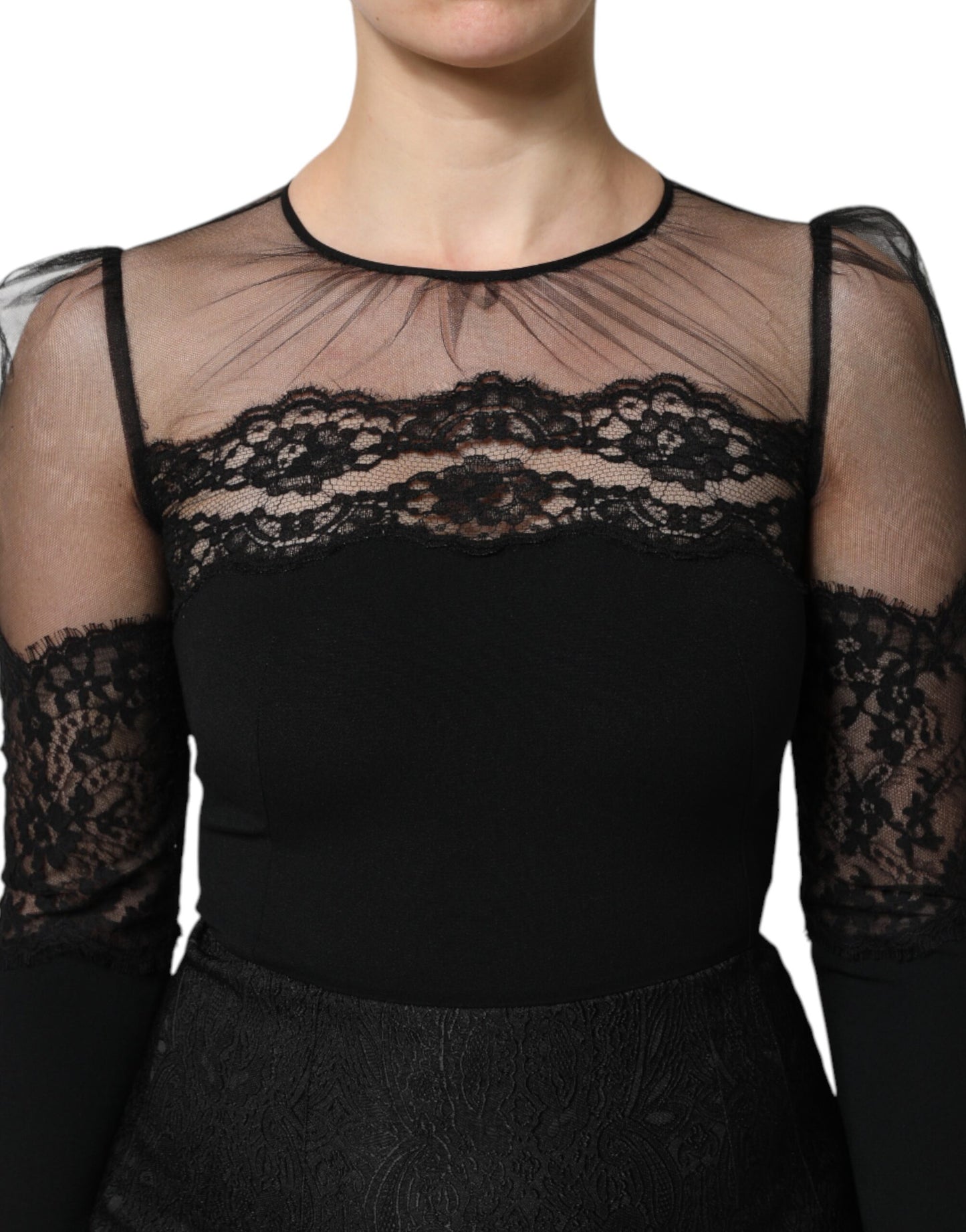 Robe fourreau mi-longue en tulle et nylon à bordure en dentelle noire Dolce & Gabbana