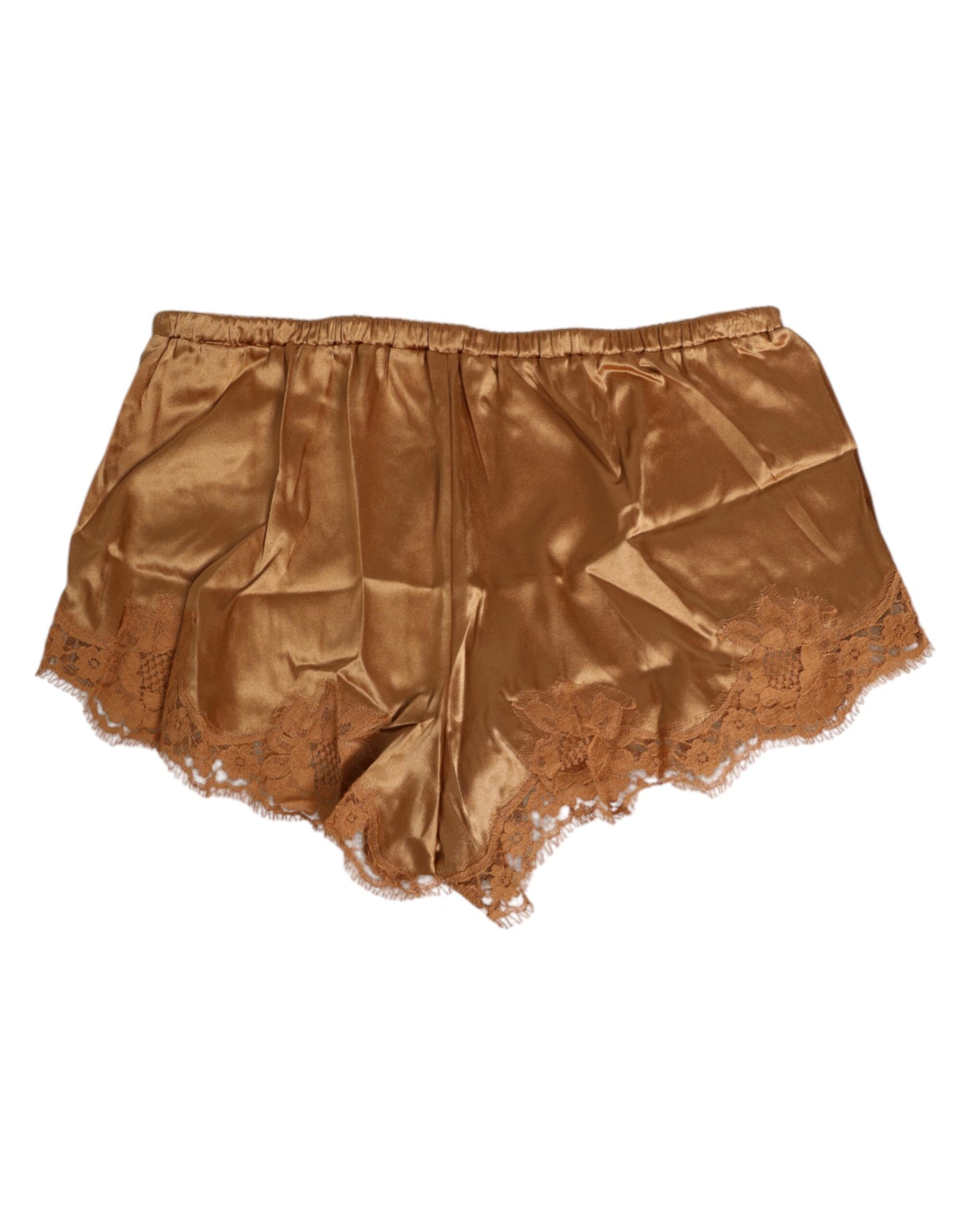Dolce & Gabbana – Unterwäsche-Shorts aus braunem Seidensatin mit Blumenspitze