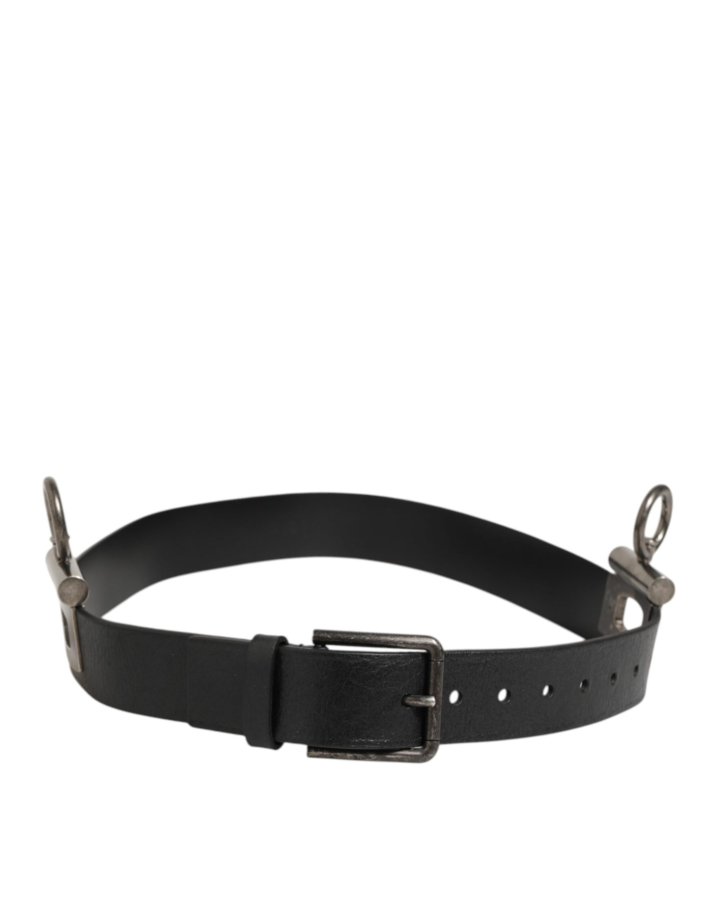 Dolce & Gabbana Black Leather Side Rings Brass Buckle Belt