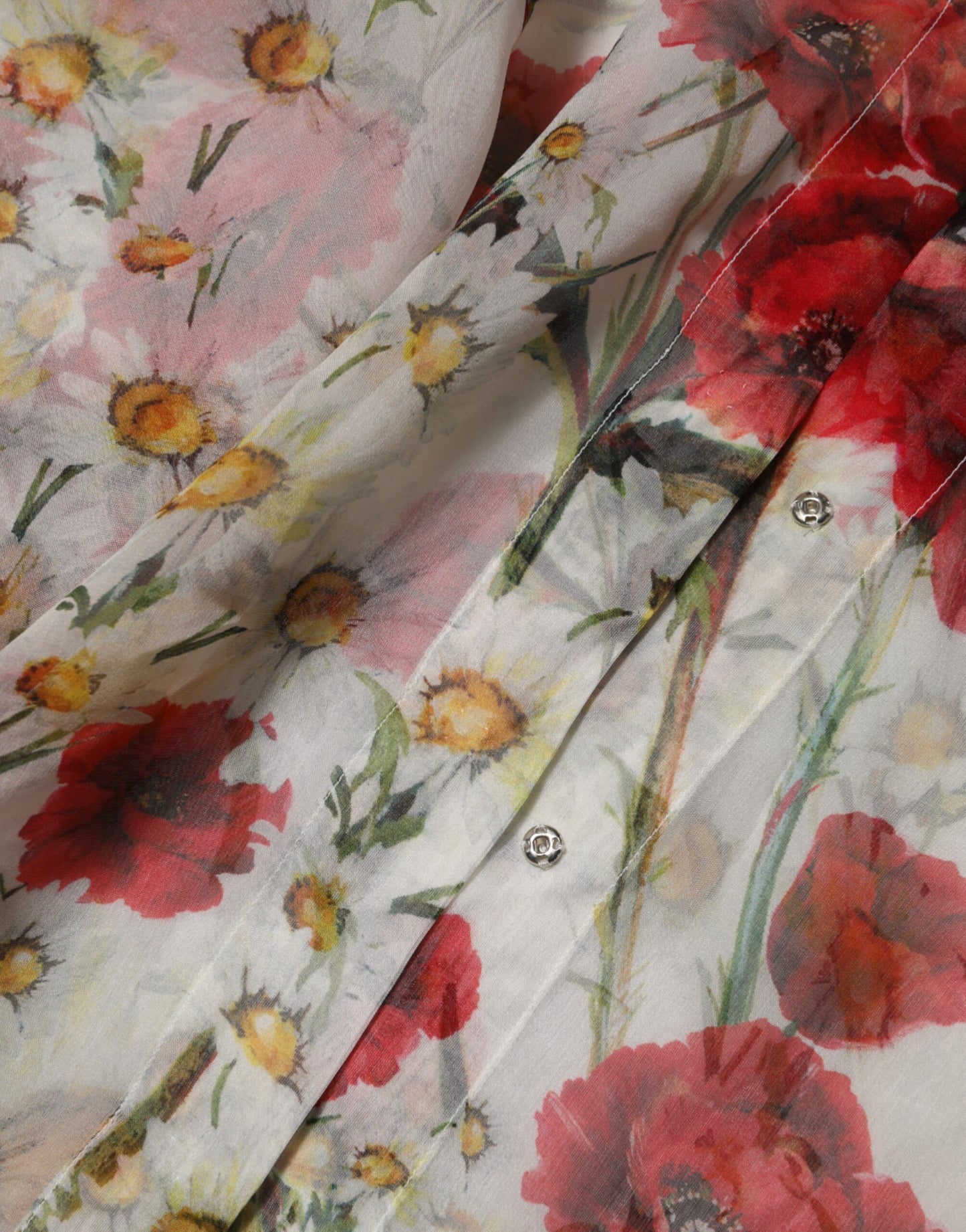 Dolce & Gabbana White Floral Tie-Neck Poppy Print Blouse Top