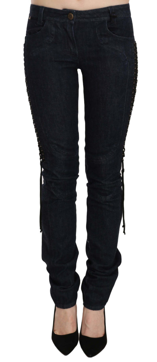 Pantalon skinny taille basse bleu Just Cavalli Pantalon à cordon tressé