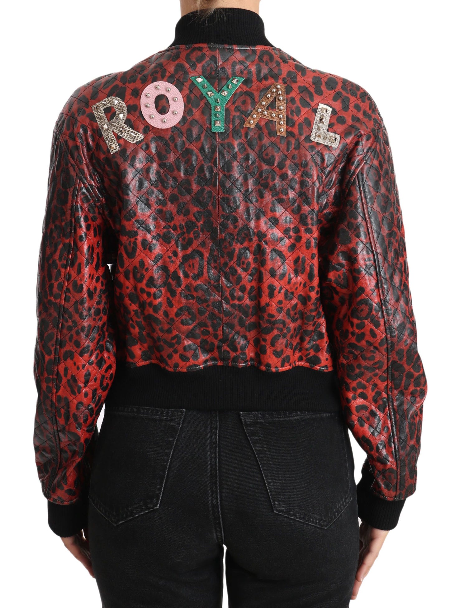 Dolce &amp; Gabbana Rote Lederjacke mit Leopardenmuster und Kristallknöpfen