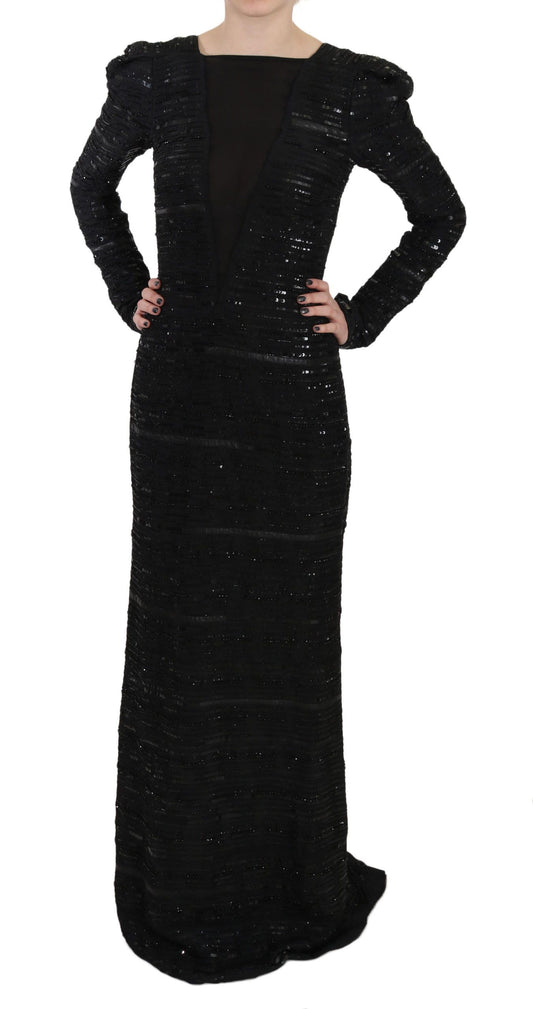 Robe longue en soie noire à paillettes John Richmond