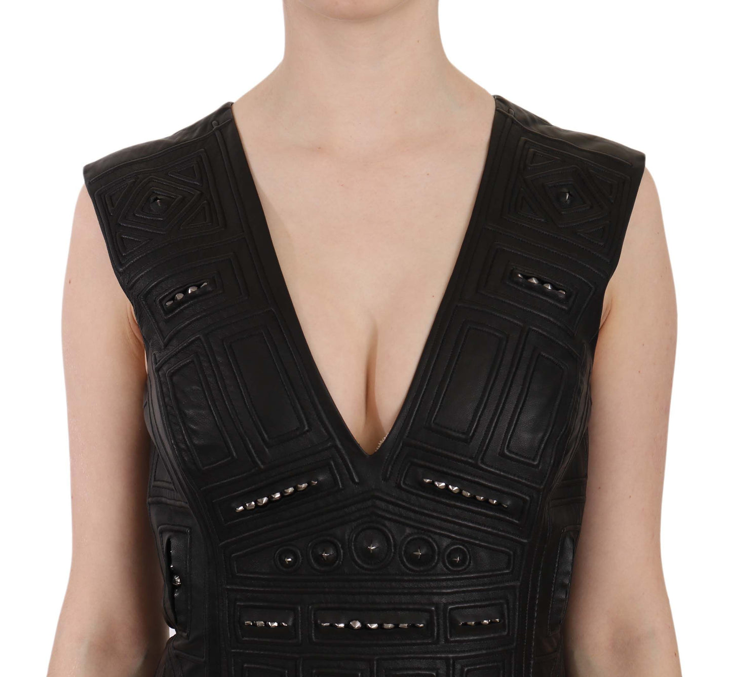 Robe courte droite cloutée en cuir noir John Richmond