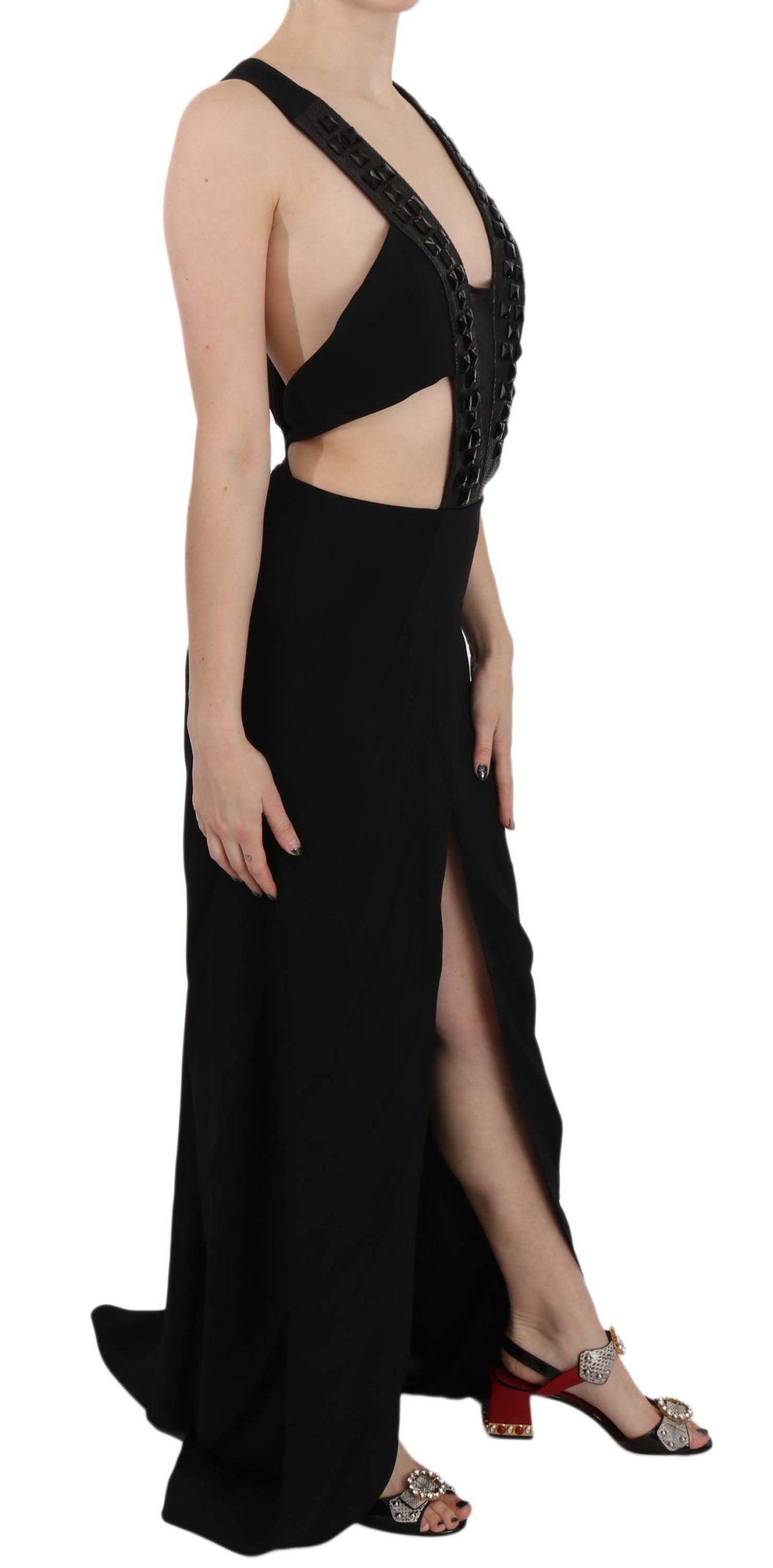 Robe évasée en cuir noir et cristal de John Richmond