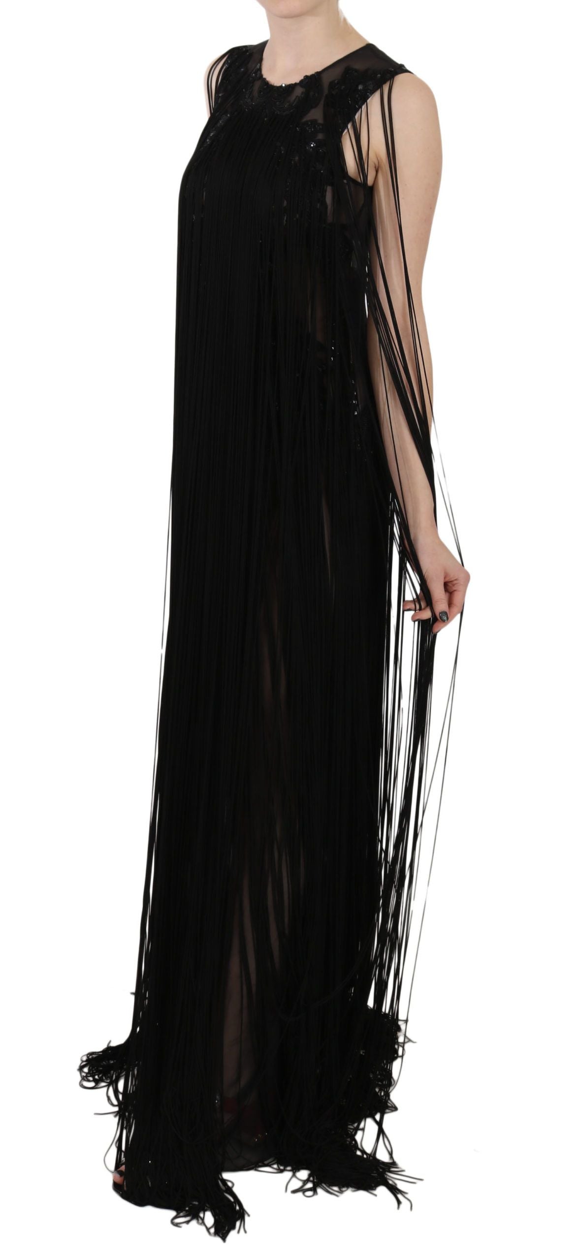 Robe transparente en soie noire à paillettes et perles John Richmond