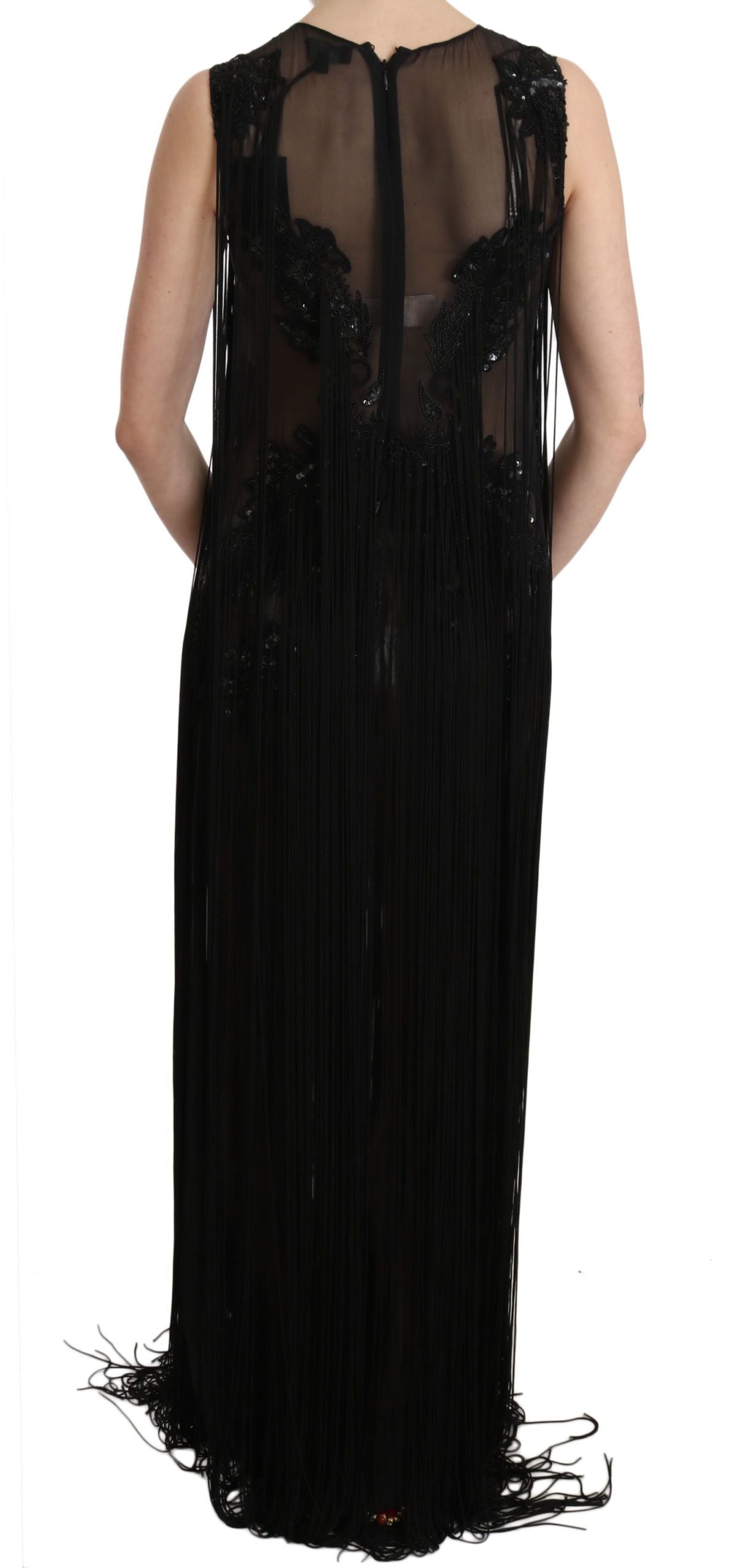 Robe transparente en soie noire à paillettes et perles John Richmond
